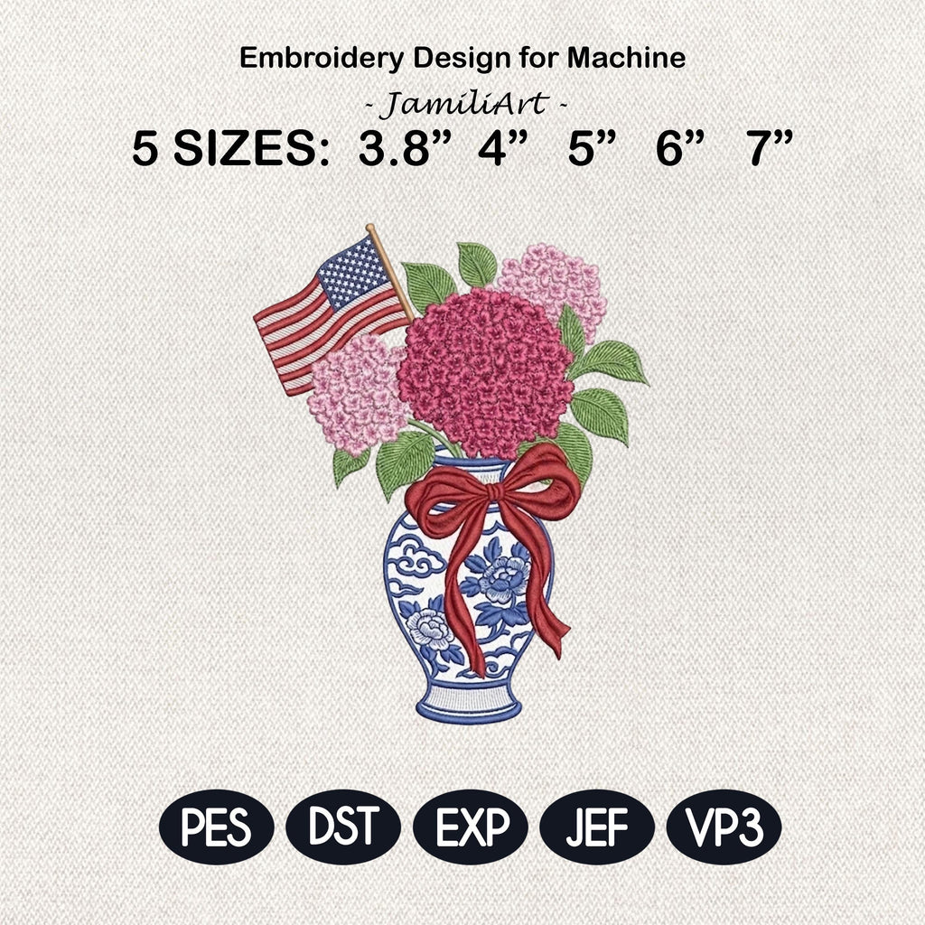 Chinoiserie Hydrangea Embroidery Design with USA Flag, Patriotic Floral Vase, 4th of July Machine Embroidery File, 5 sizes, Digital Download