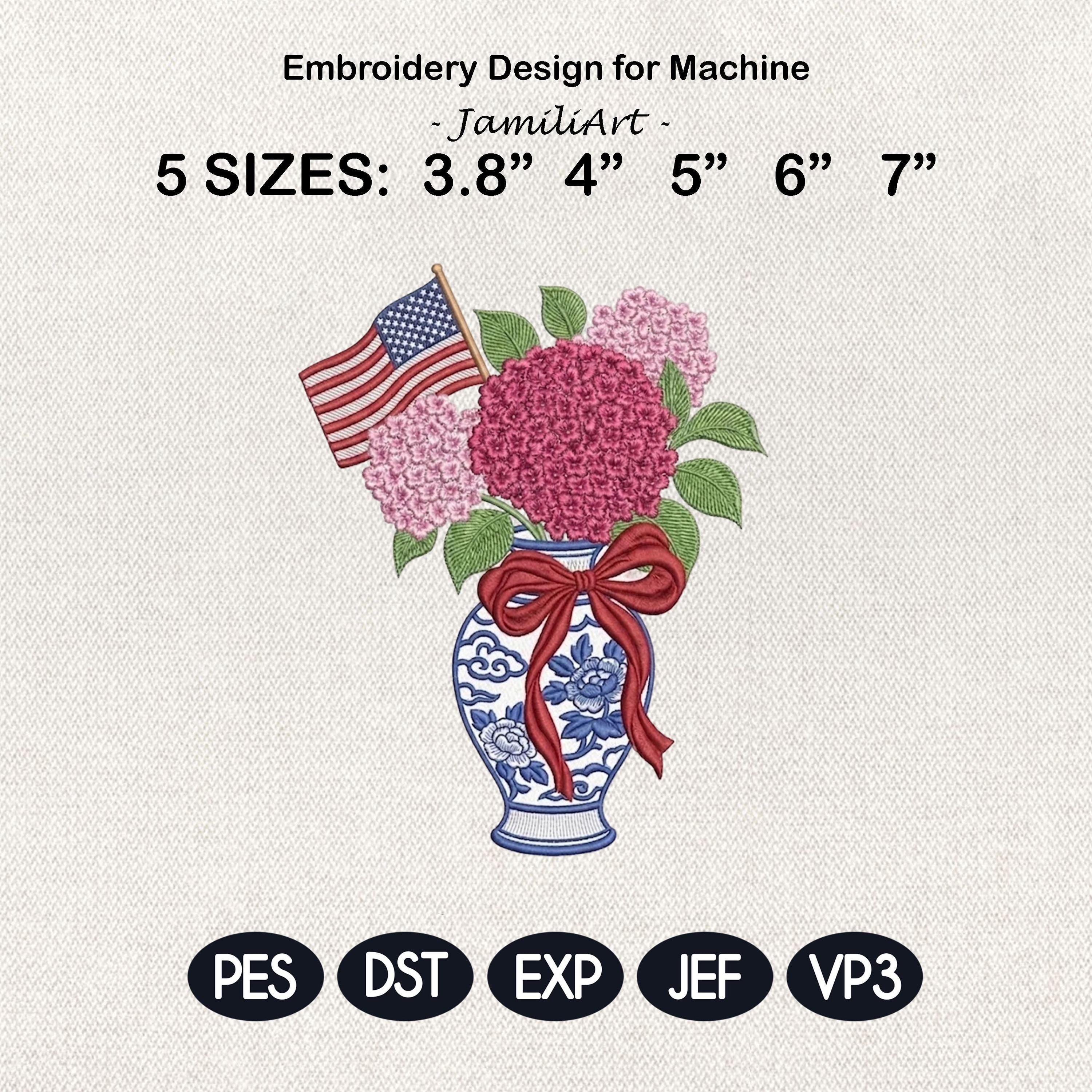 Chinoiserie Hydrangea Embroidery Design with USA Flag, Patriotic Floral Vase, 4th of July Machine Embroidery File, 5 sizes, Digital Download