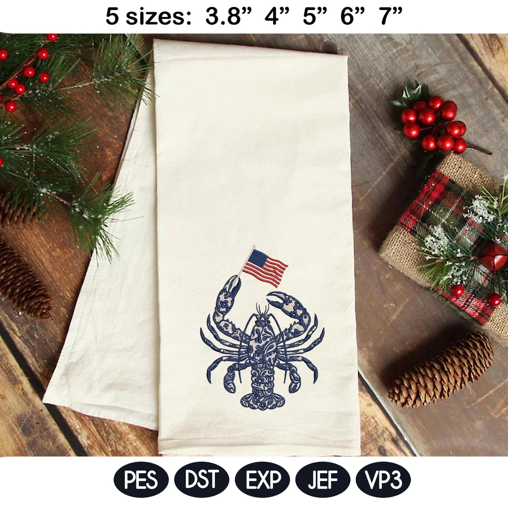 Chinoiserie Lobster Embroidery Design with USA Flag, Patriotic Nautical Sea Life, 4th of July Machine Embroidery, 5 sizes, Digital Download - image 5