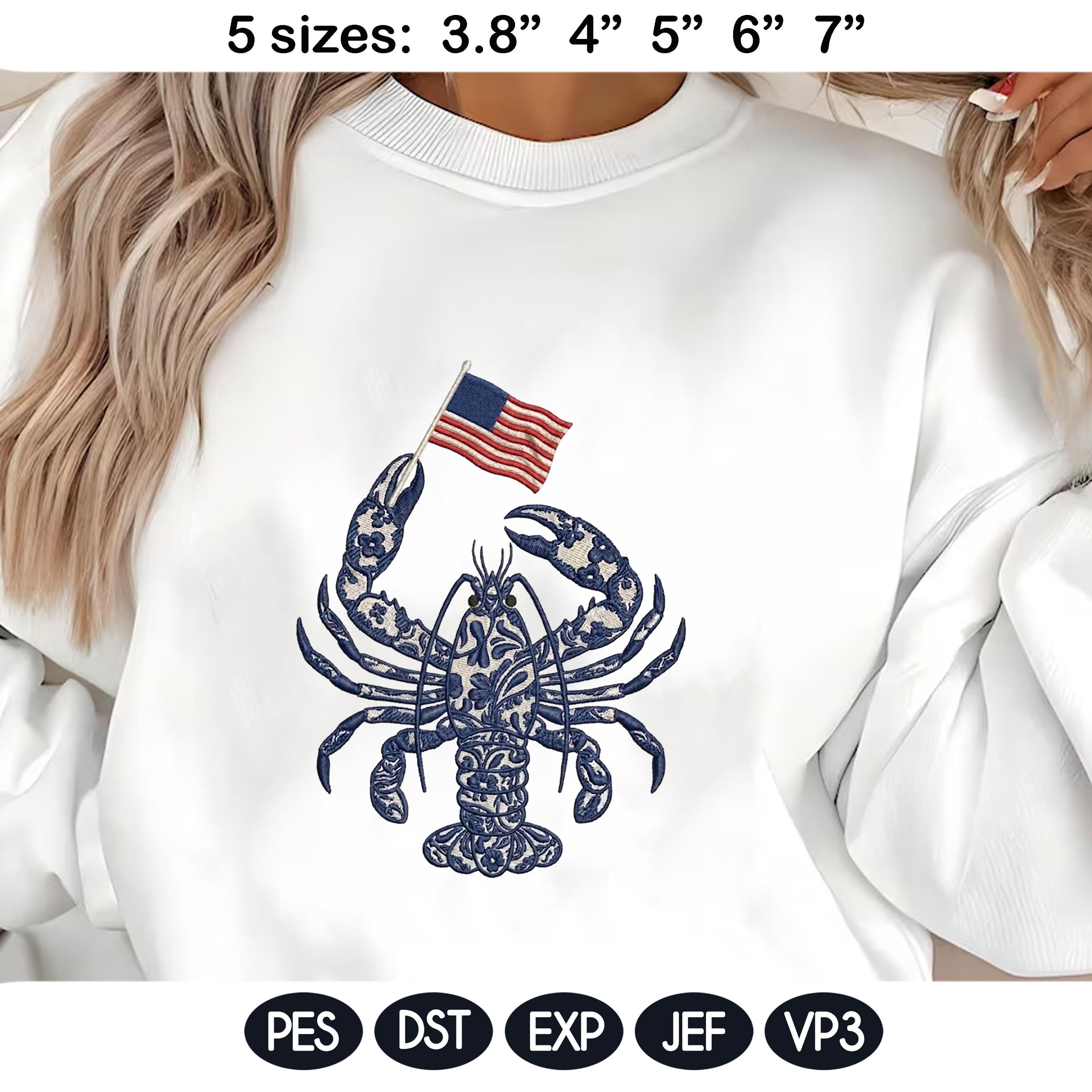 Chinoiserie Lobster Embroidery Design with USA Flag, Patriotic Nautical Sea Life, 4th of July Machine Embroidery, 5 sizes, Digital Download - image 6