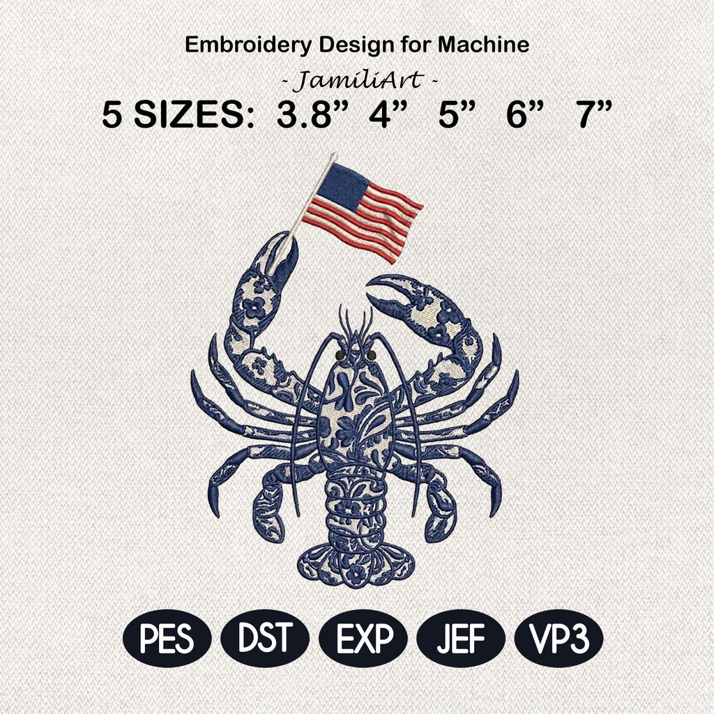 Chinoiserie Lobster Embroidery Design with USA Flag, Patriotic Nautical Sea Life, 4th of July Machine Embroidery, 5 sizes, Digital Download