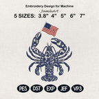 Chinoiserie Lobster Embroidery Design with USA Flag, Patriotic Nautical Sea Life, 4th of July Machine Embroidery, 5 sizes, Digital Download