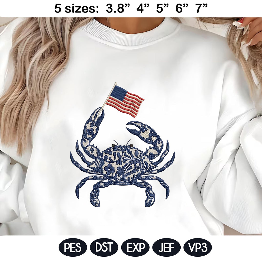 Chinoiserie Crab Embroidery Design with USA Flag, Patriotic Nautical Sea Life, 4th of July Machine Embroidery File,5 sizes, Digital Download - image 3