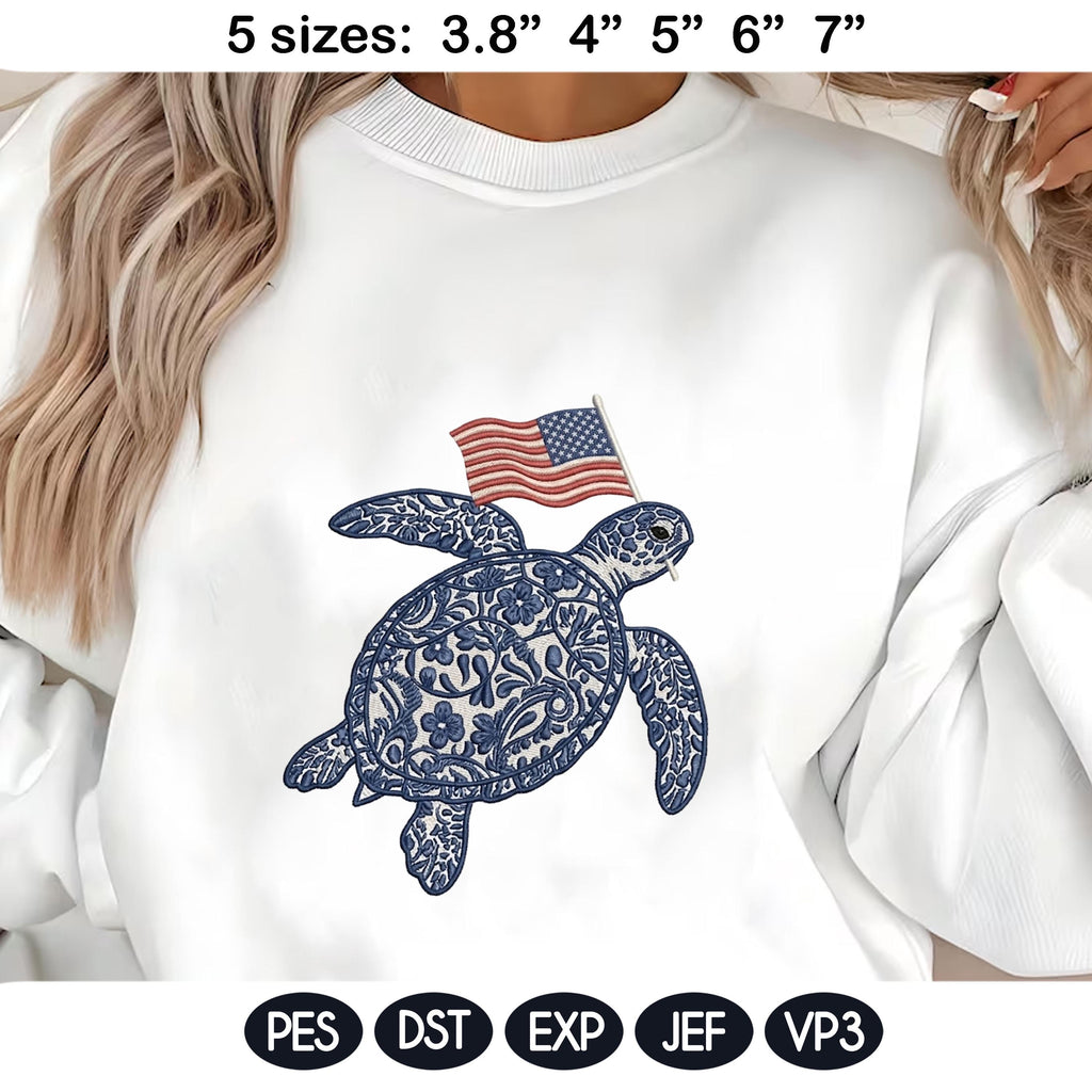 Chinoiserie Sea Turtle Embroidery Design with USA Flag, Patriotic Nautical Sea Life, 4th of July Machine Embroidery,5 sizes,Digital Download - image 6