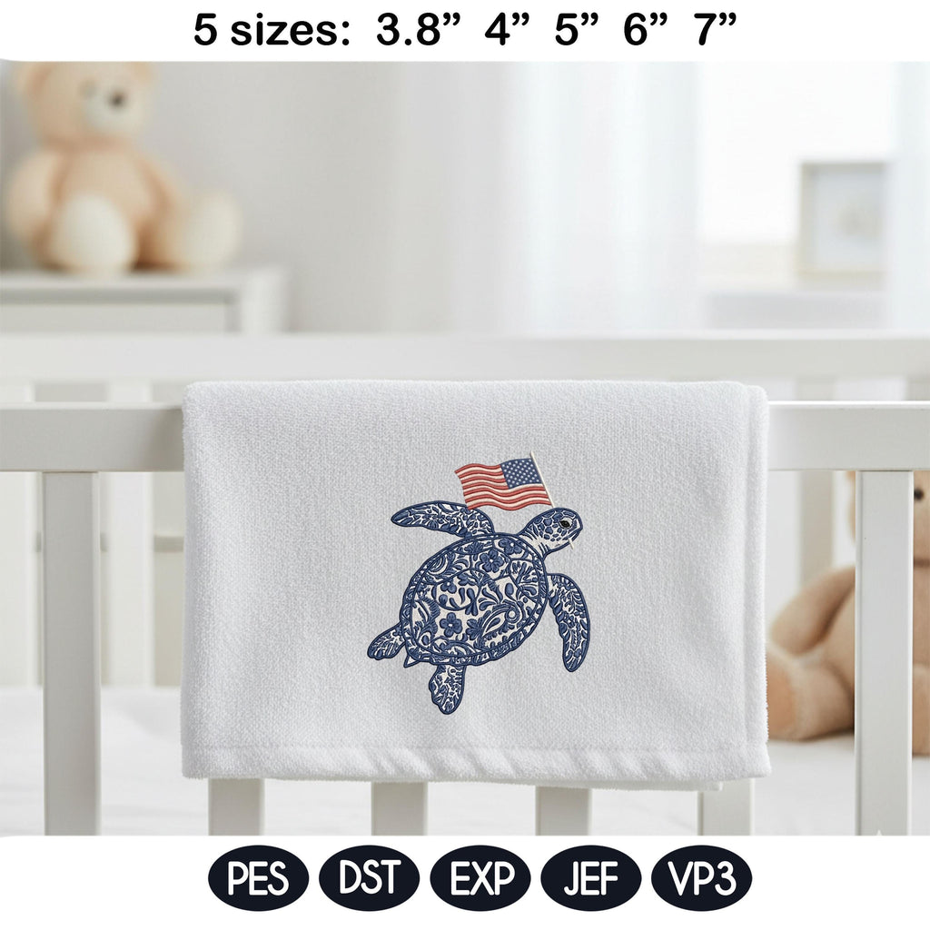 Chinoiserie Sea Turtle Embroidery Design with USA Flag, Patriotic Nautical Sea Life, 4th of July Machine Embroidery,5 sizes,Digital Download - image 3