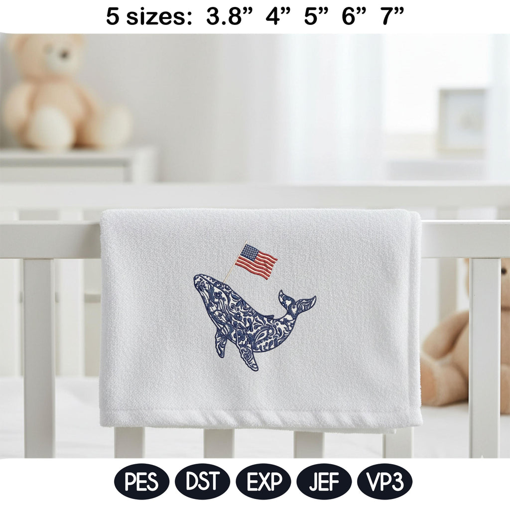 Chinoiserie Whale Embroidery Design with USA Flag, Patriotic Nautical Sea Life, 4th of July Machine Embroidery, 5 sizes, Digital Download - image 6