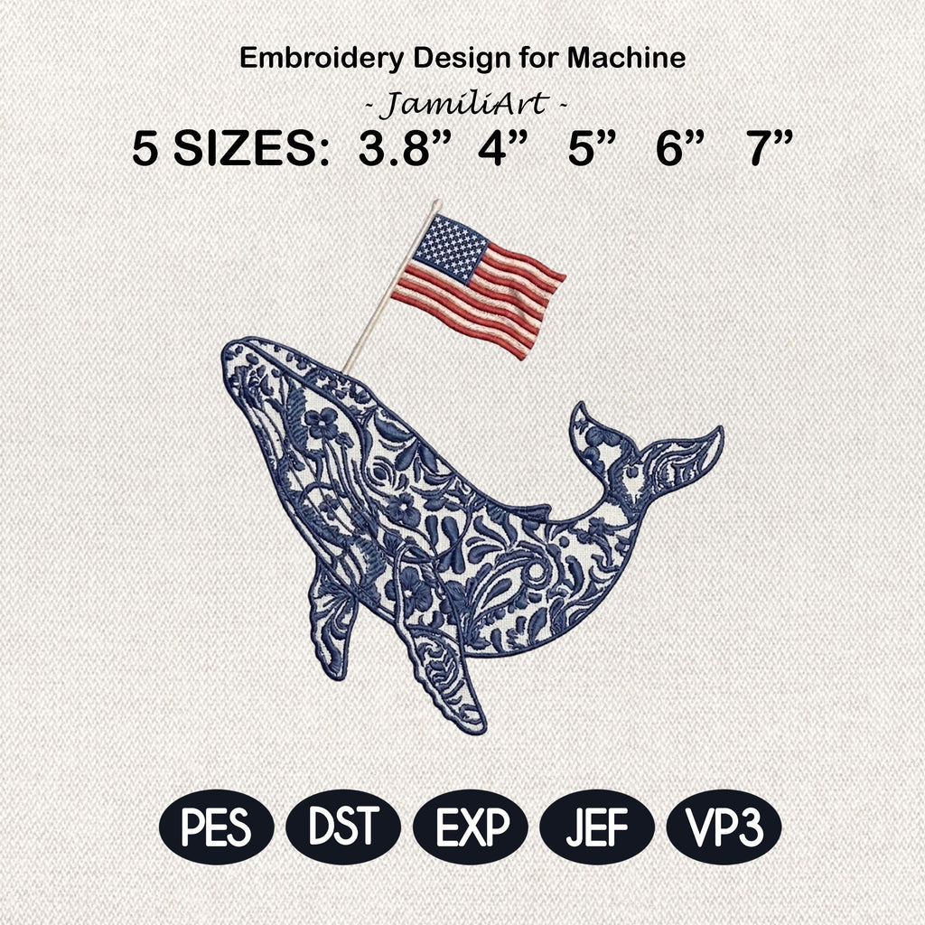 Chinoiserie Whale Embroidery Design with USA Flag, Patriotic Nautical Sea Life, 4th of July Machine Embroidery, 5 sizes, Digital Download