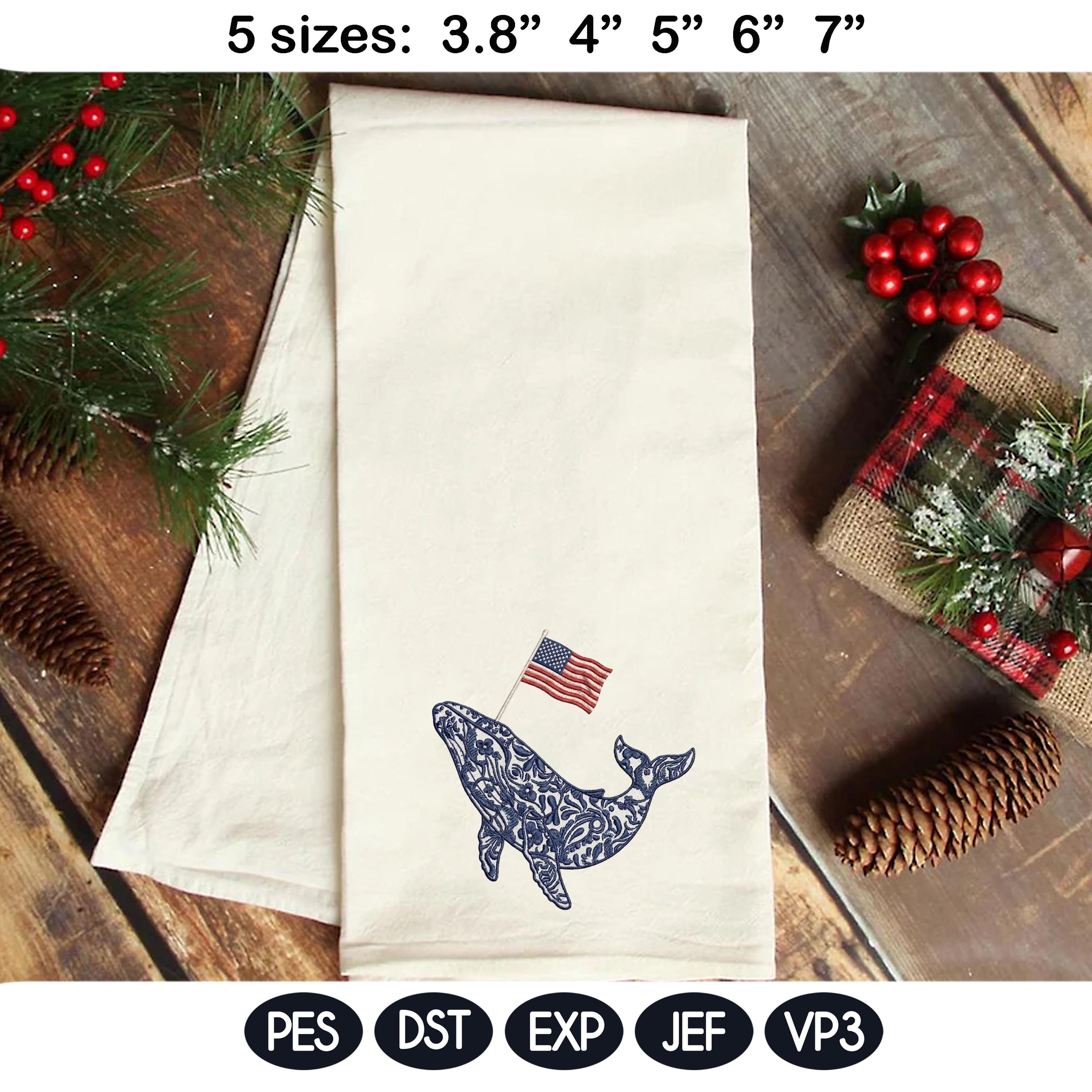Chinoiserie Whale Embroidery Design with USA Flag, Patriotic Nautical Sea Life, 4th of July Machine Embroidery, 5 sizes, Digital Download - image 4