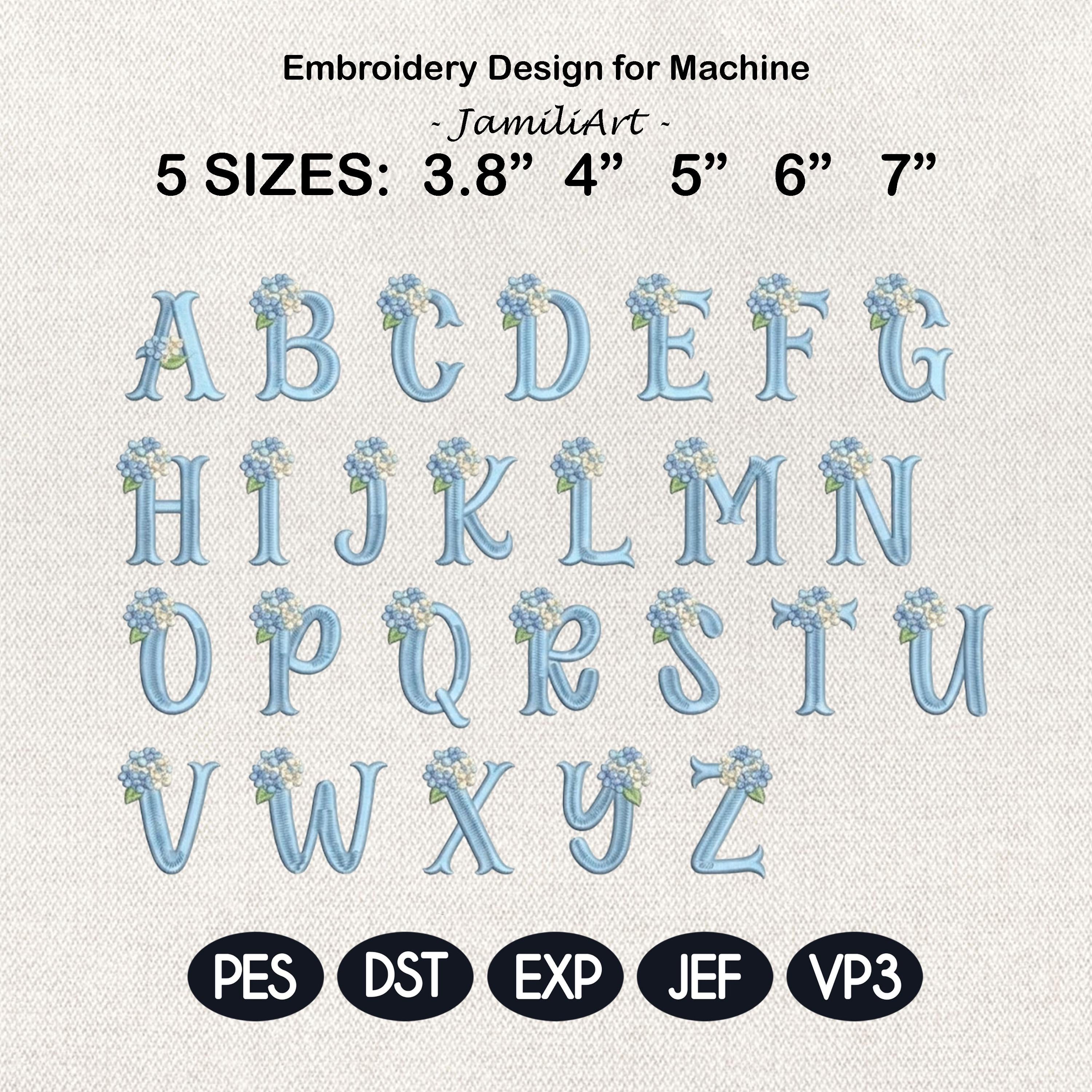 Blue Floral Monogram Fishtail Font Alphabet Embroidery Design, Hydrangea Letters A-Z, Custom Name Machine Embroidery Font, Digital Download