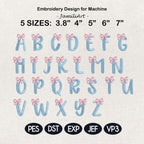 Bow Monogram Alphabet Embroidery Design, Blue Pink Coquette Letters A-Z, Name Machine Embroidery Font, 5 sizes, Digital Download