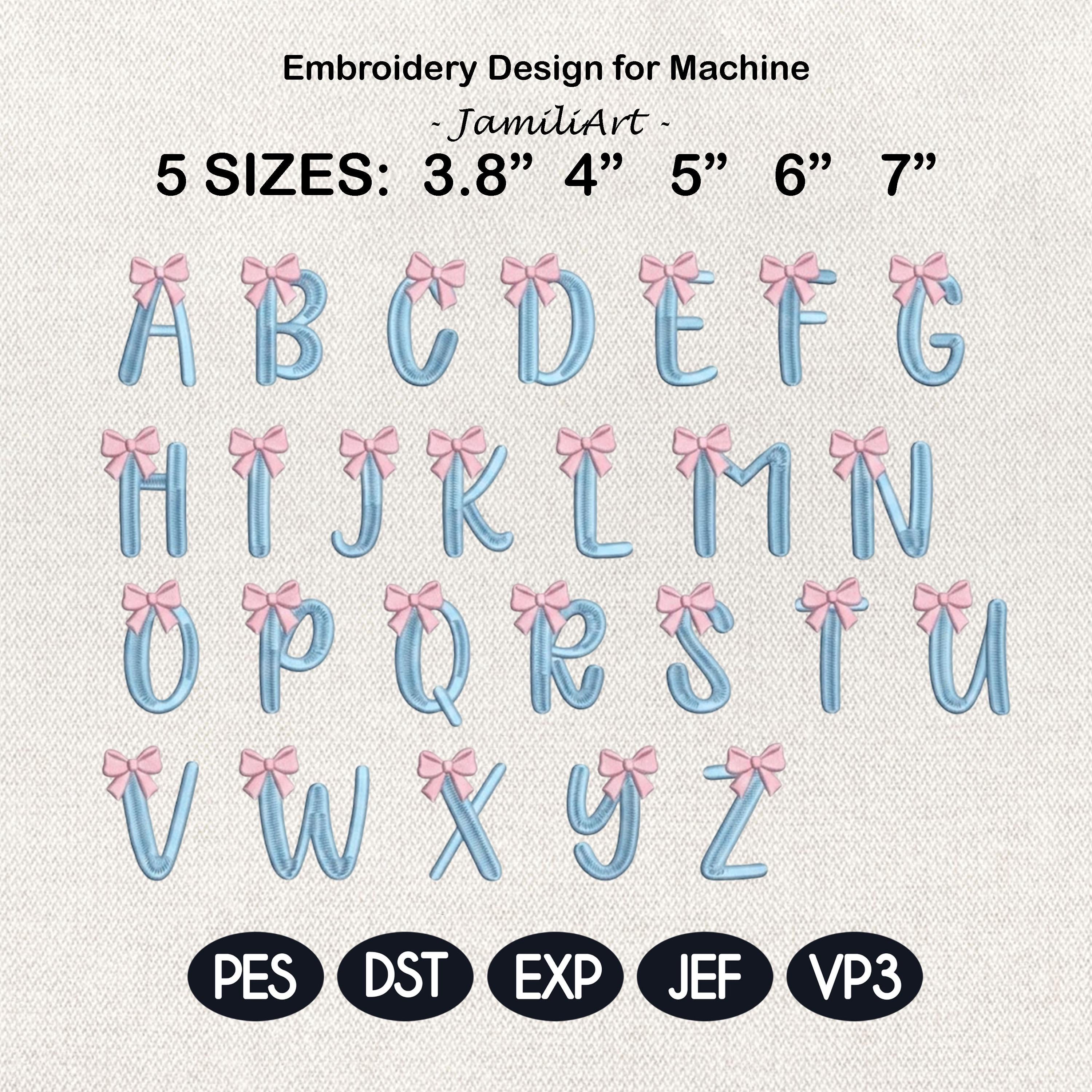 Bow Monogram Alphabet Embroidery Design, Blue Pink Coquette Letters A-Z, Name Machine Embroidery Font, 5 sizes, Digital Download