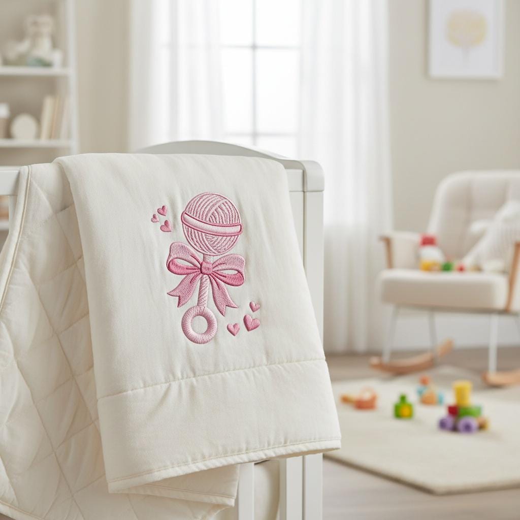 Baby Rattle Embroidery Design, Cute Pink Nursery Toy with Bow, Newborn Gift Machine Embroidery, Baby Girl Shower, 5 Sizes, Digital Download - image 6