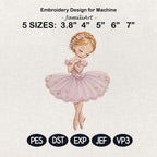 Cute Ballerina Girl Embroidery Design, Pink Tutu Ballet Dancer With Flowers Machine Pattern, 5 sizes, Digital Download