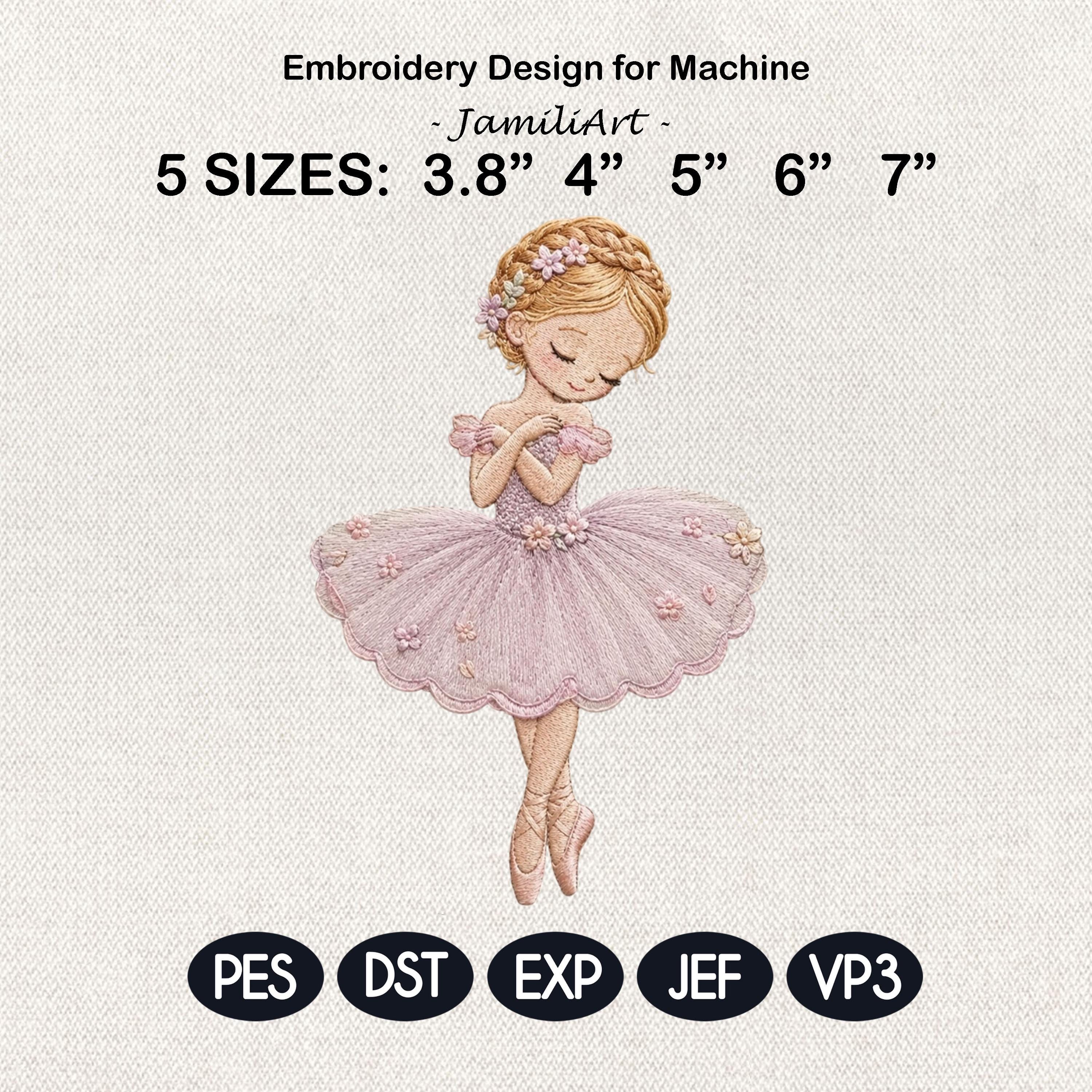 Cute Ballerina Girl Embroidery Design, Pink Tutu Ballet Dancer With Flowers Machine Pattern, 5 sizes, Digital Download