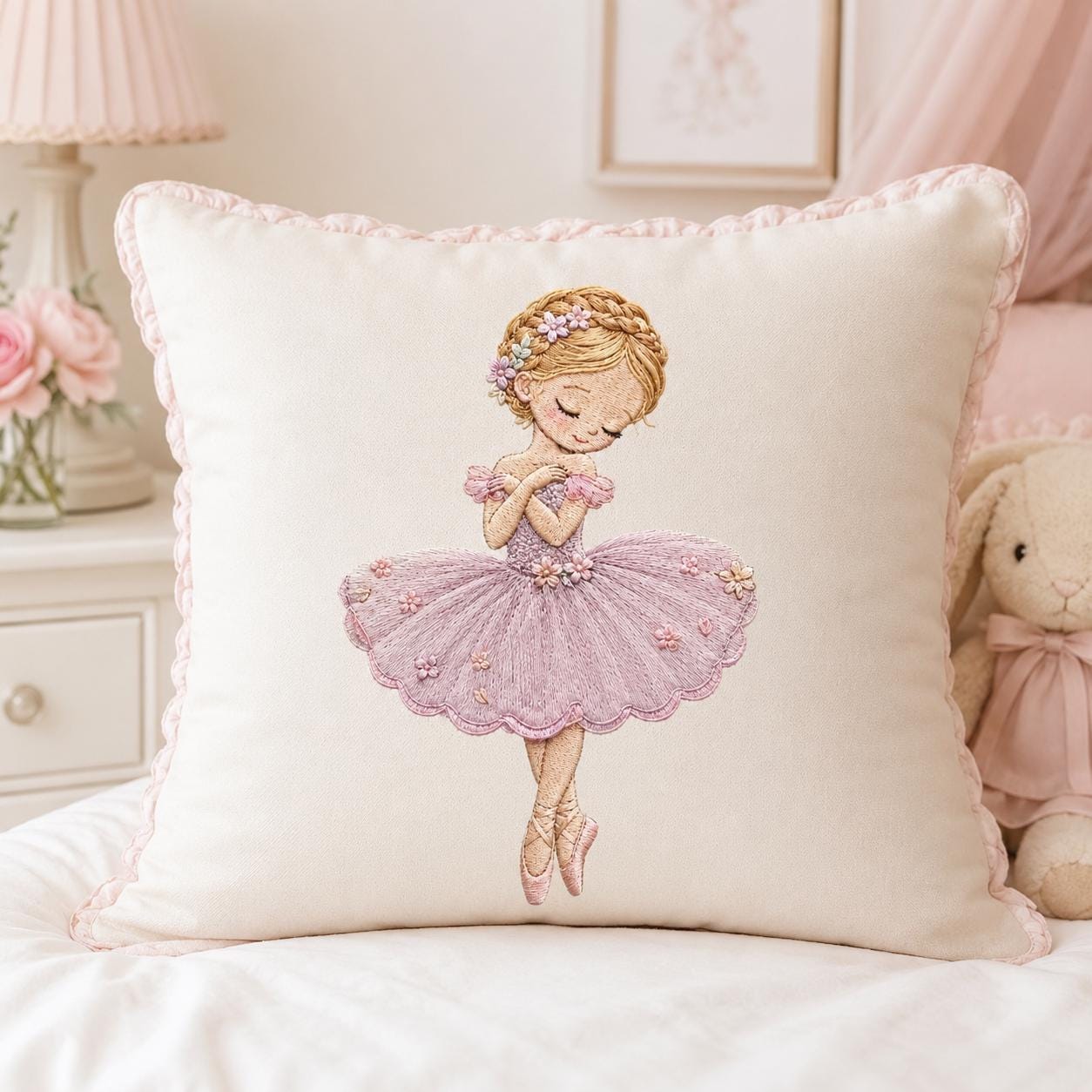 Cute Ballerina Girl Embroidery Design, Pink Tutu Ballet Dancer With Flowers Machine Pattern, 5 sizes, Digital Download - image 3