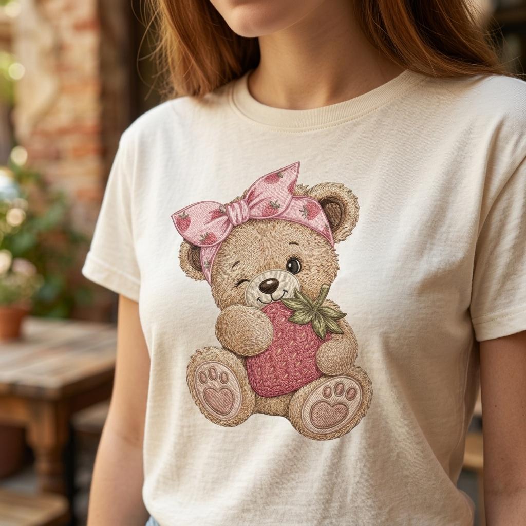 Strawberry Teddy Bear Embroidery Design, Cute Bear With Berry Machine Embroidery File, Baby Girl PES DST EXP, 5 sizes, Digital Download - image 4