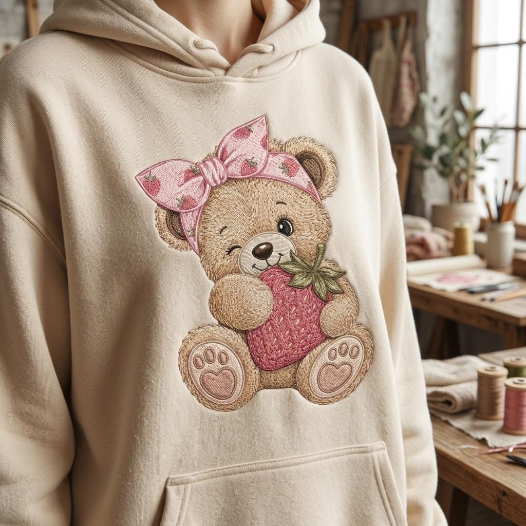 Strawberry Teddy Bear Embroidery Design, Cute Bear With Berry Machine Embroidery File, Baby Girl PES DST EXP, 5 sizes, Digital Download - image 3