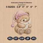 Sleeping Moon Teddy Bear Embroidery Design, Cute Bear Pajama Machine Embroidery File, Nursery PES DST EXP, 5 sizes, Digital Download