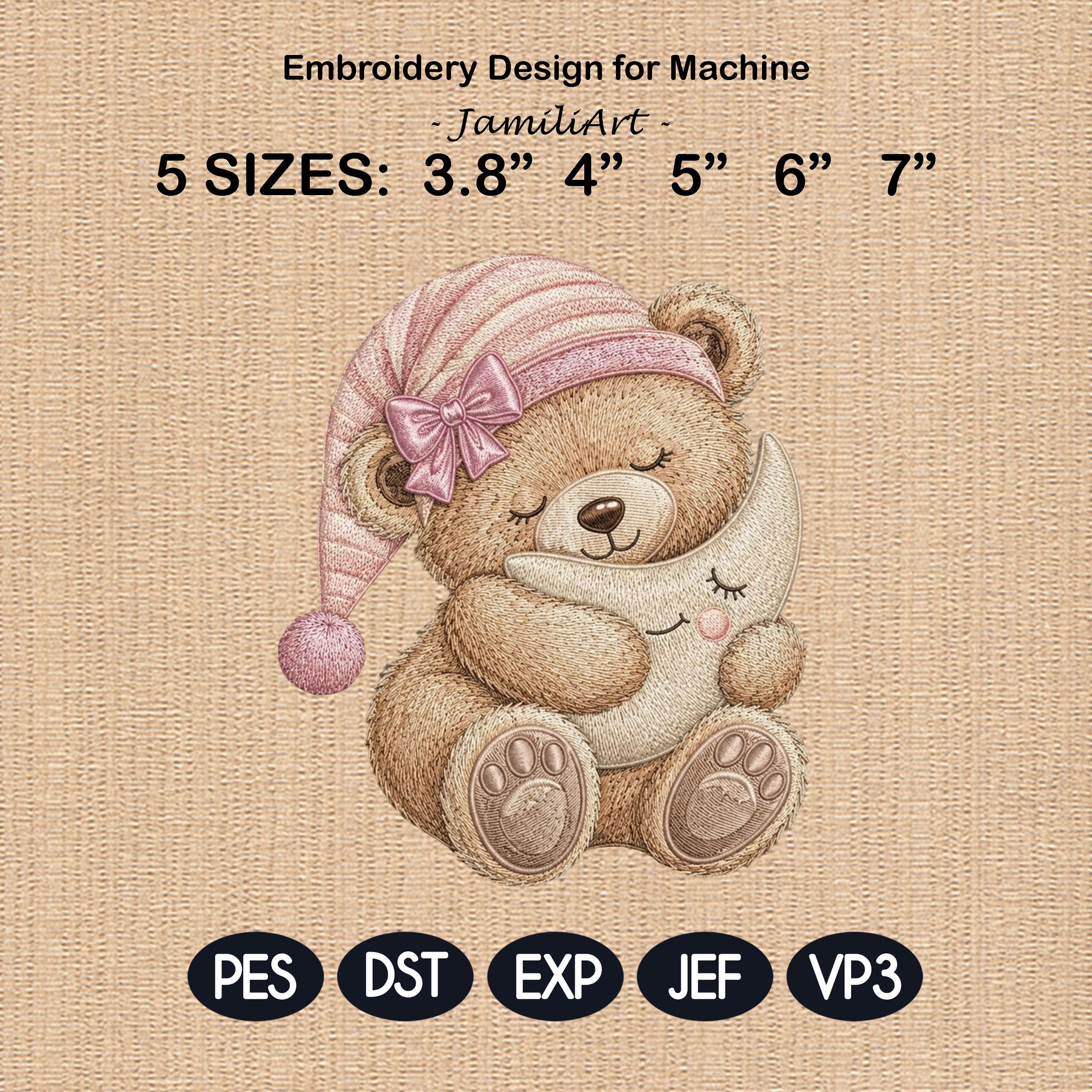 Sleeping Moon Teddy Bear Embroidery Design, Cute Bear Pajama Machine Embroidery File, Nursery PES DST EXP, 5 sizes, Digital Download