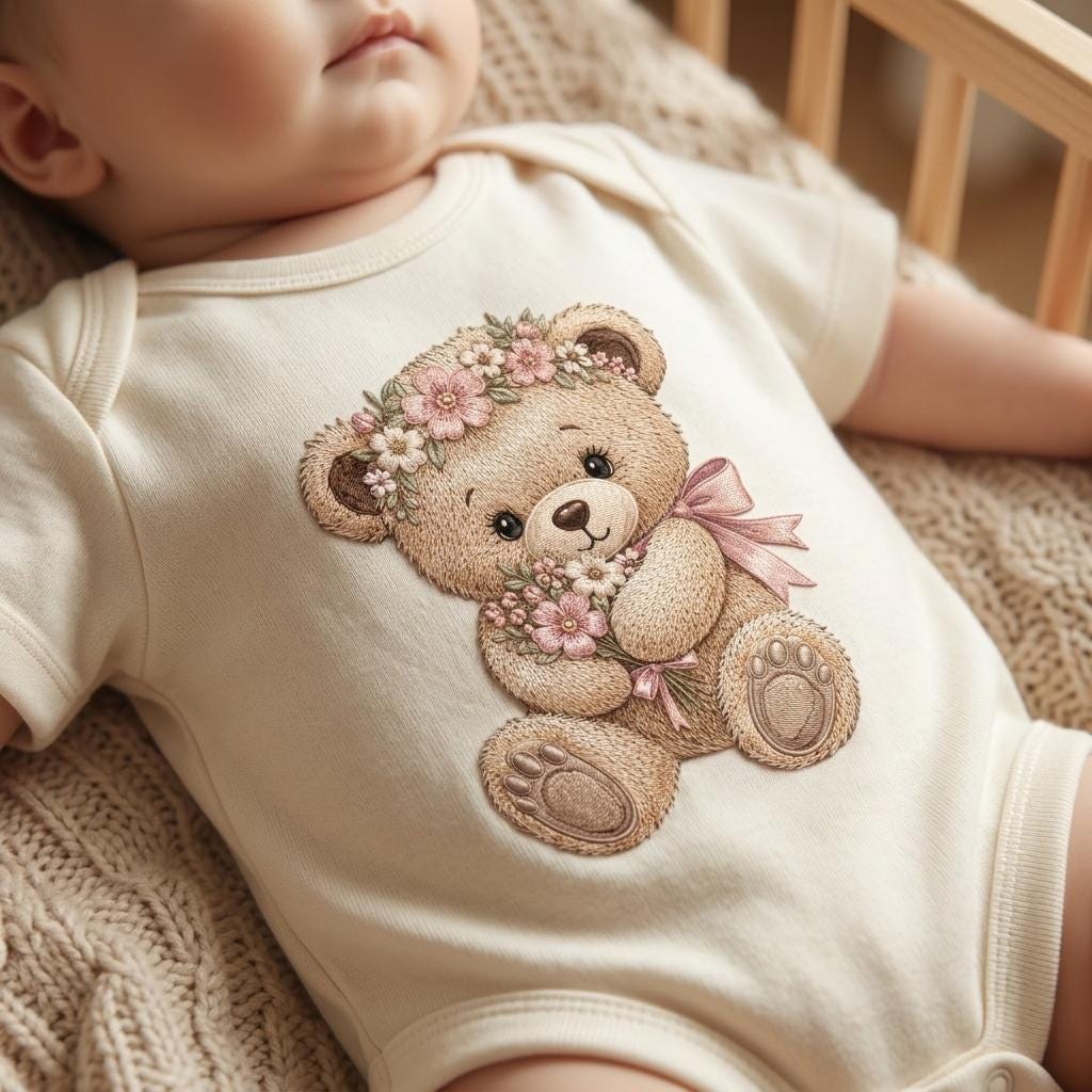 Floral Teddy Bear Embroidery Design, Bear With Flower Bouquet Machine Embroidery File, Baby Girl PES DST EXP, 5 sizes, Digital Download - image 4