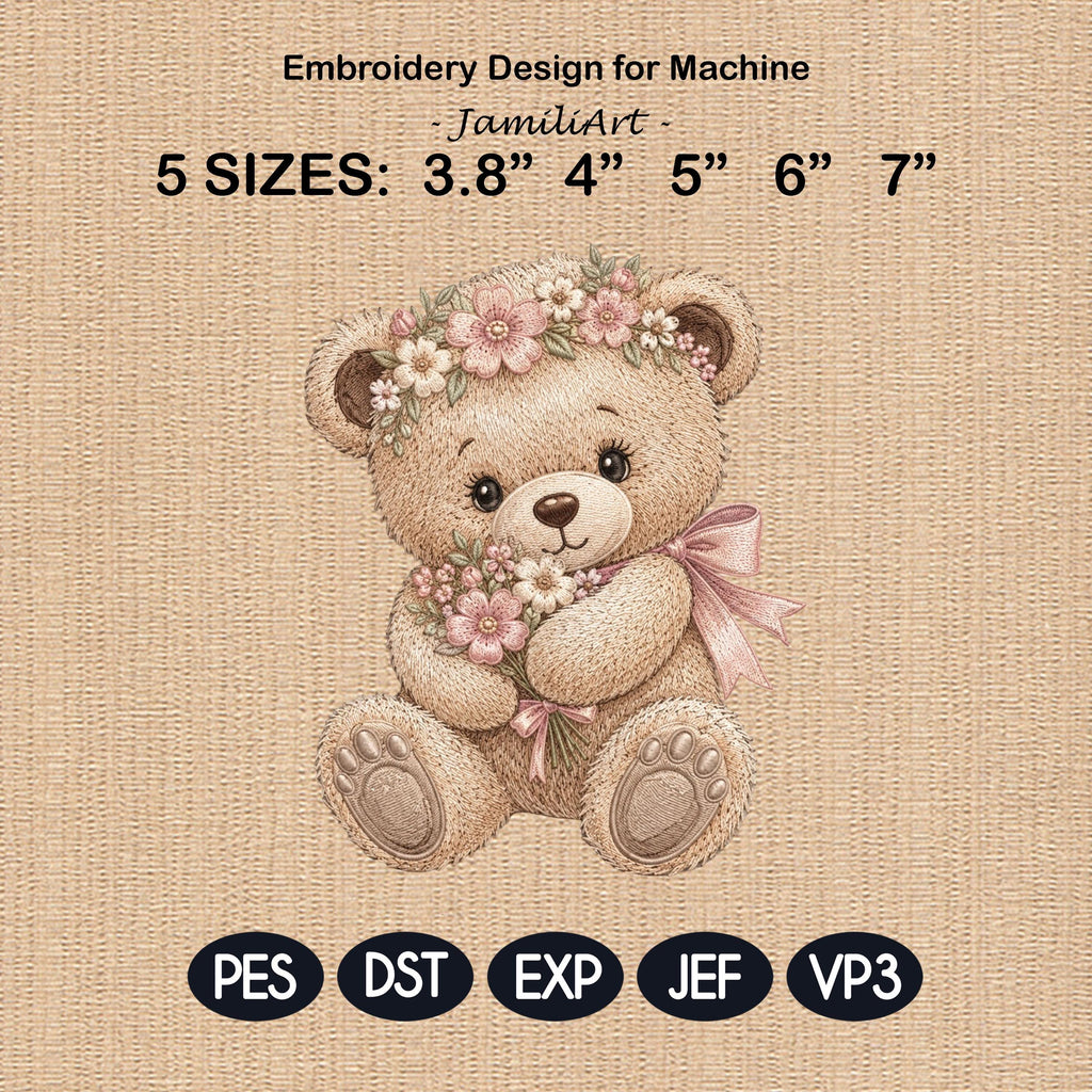 Floral Teddy Bear Embroidery Design, Bear With Flower Bouquet Machine Embroidery File, Baby Girl PES DST EXP, 5 sizes, Digital Download