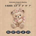 Floral Teddy Bear Embroidery Design, Bear With Flower Bouquet Machine Embroidery File, Baby Girl PES DST EXP, 5 sizes, Digital Download