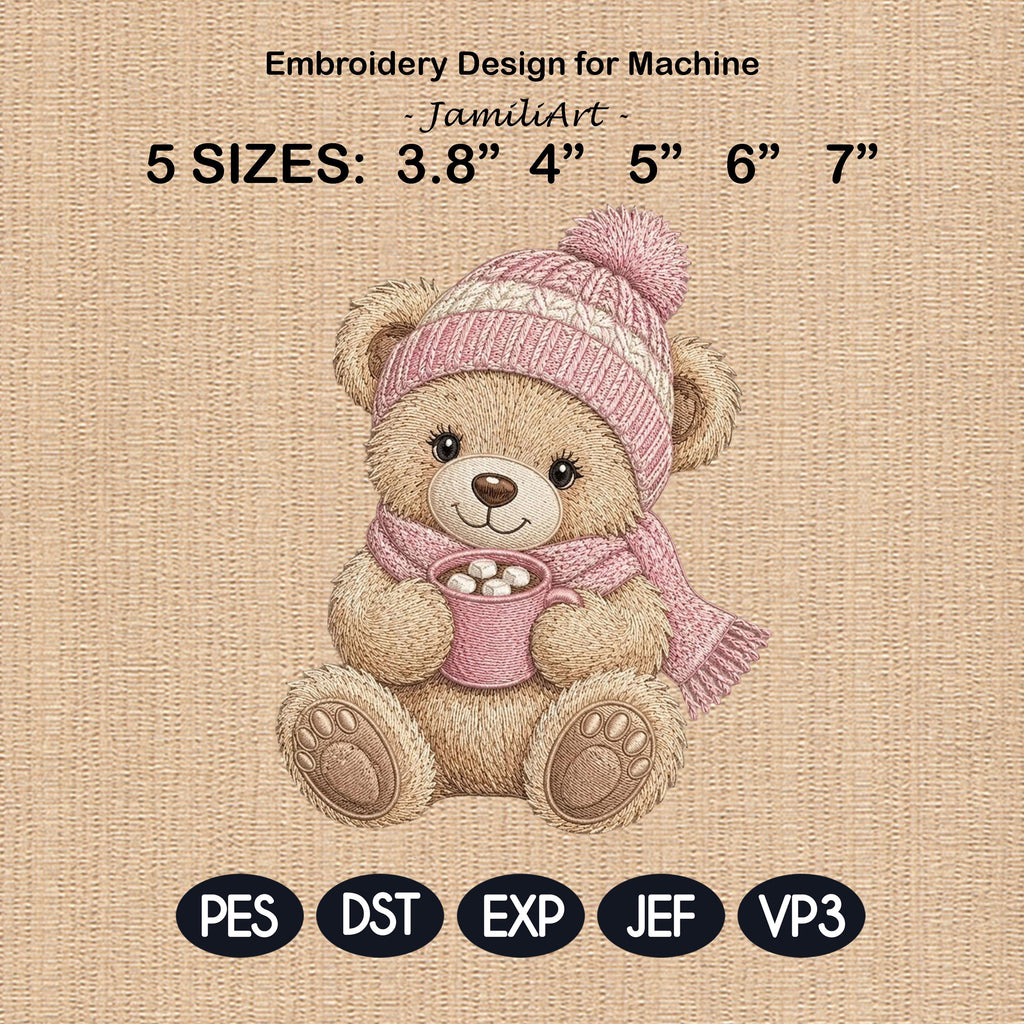 Winter Teddy Bear Embroidery Design, Cute Bear With Cocoa Machine Embroidery File, Cozy Nursery PES DST EXP, 5 sizes, Digital Download