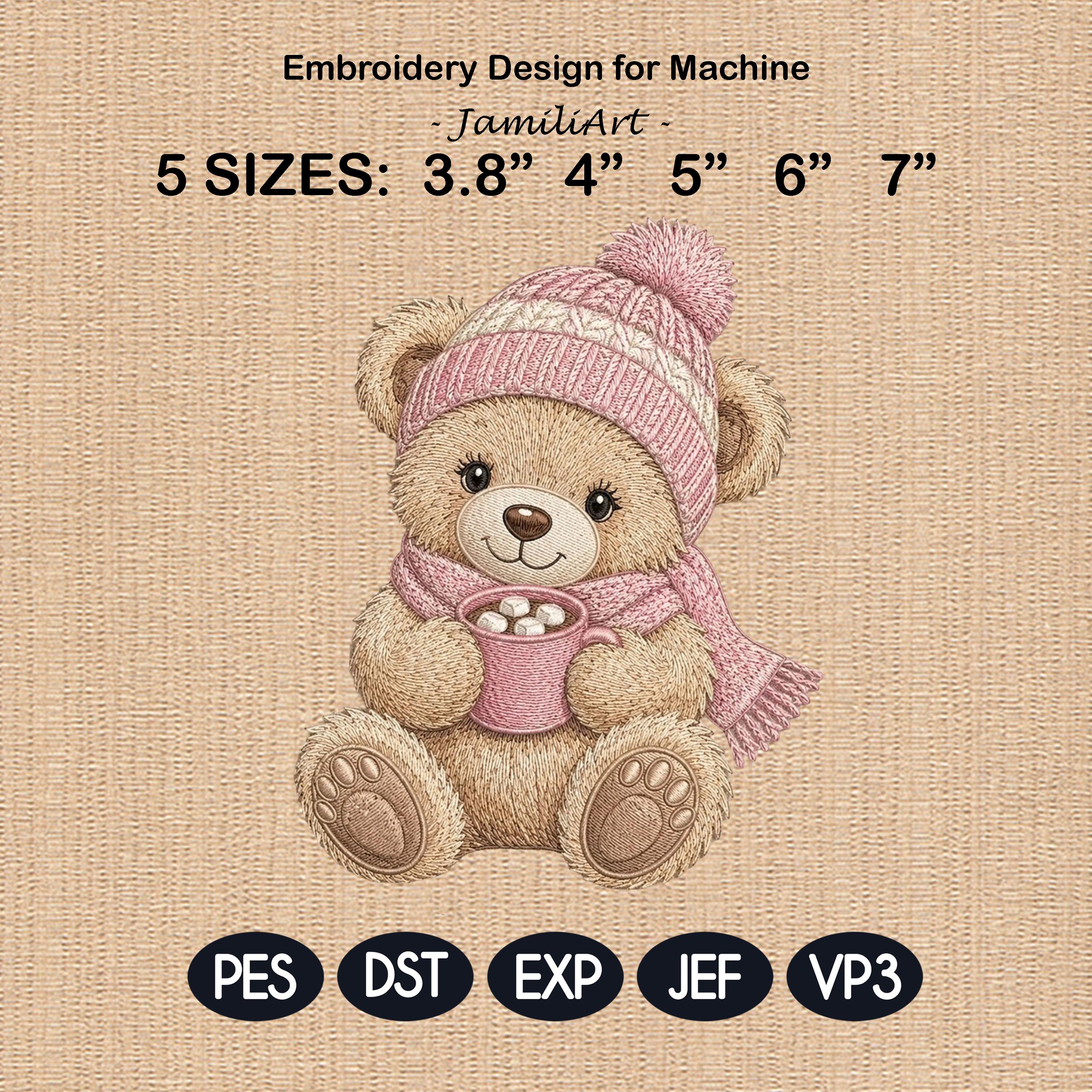 Winter Teddy Bear Embroidery Design, Cute Bear With Cocoa Machine Embroidery File, Cozy Nursery PES DST EXP, 5 sizes, Digital Download