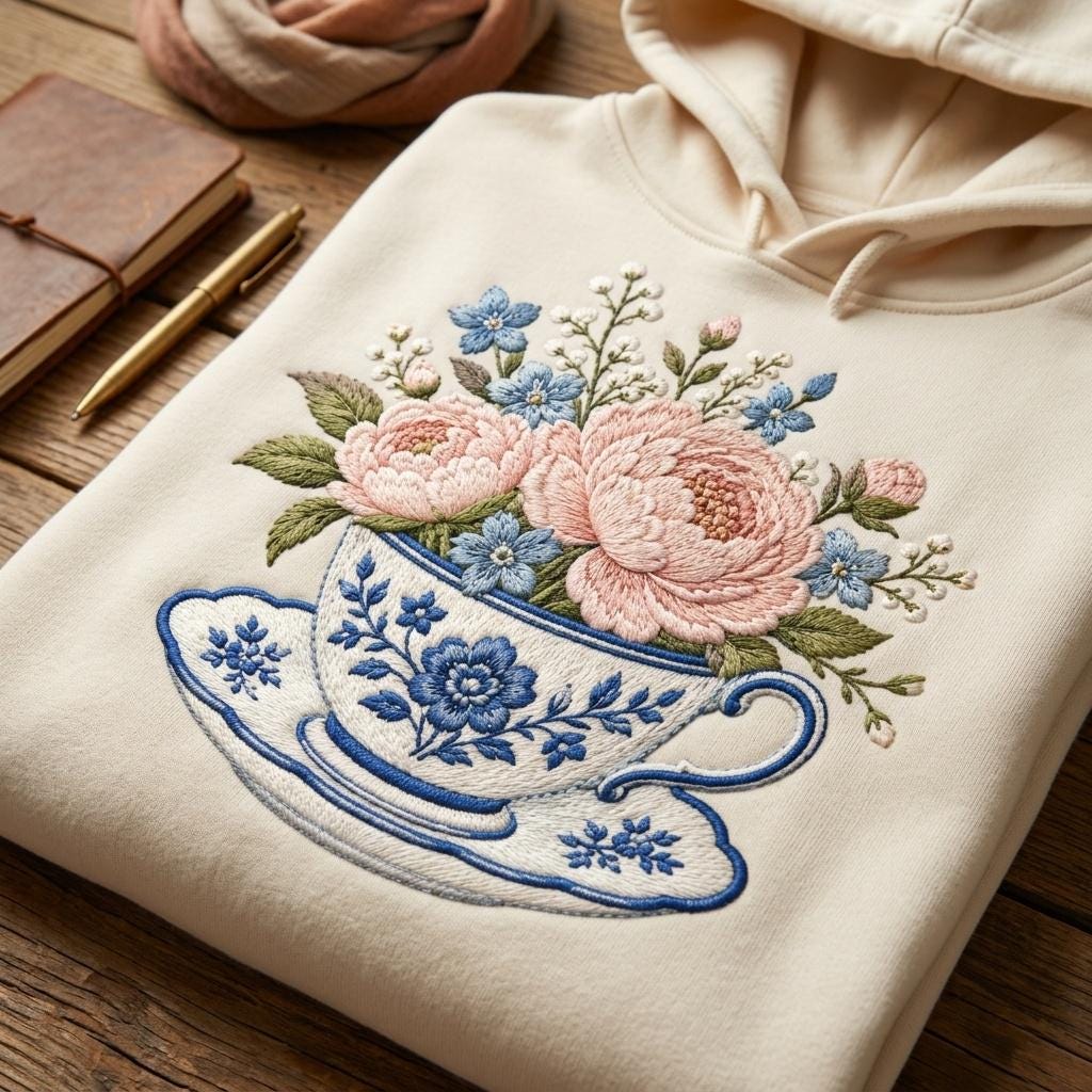 Pink Chinoiserie Teacup Embroidery Design, Floral Peony Tea Cup Machine Embroidery, Vintage Cottagecore File, 5 sizes, Digital Download - image 3