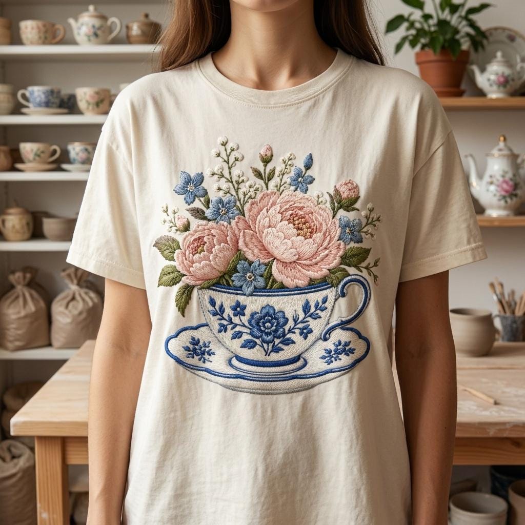 Pink Chinoiserie Teacup Embroidery Design, Floral Peony Tea Cup Machine Embroidery, Vintage Cottagecore File, 5 sizes, Digital Download - image 4