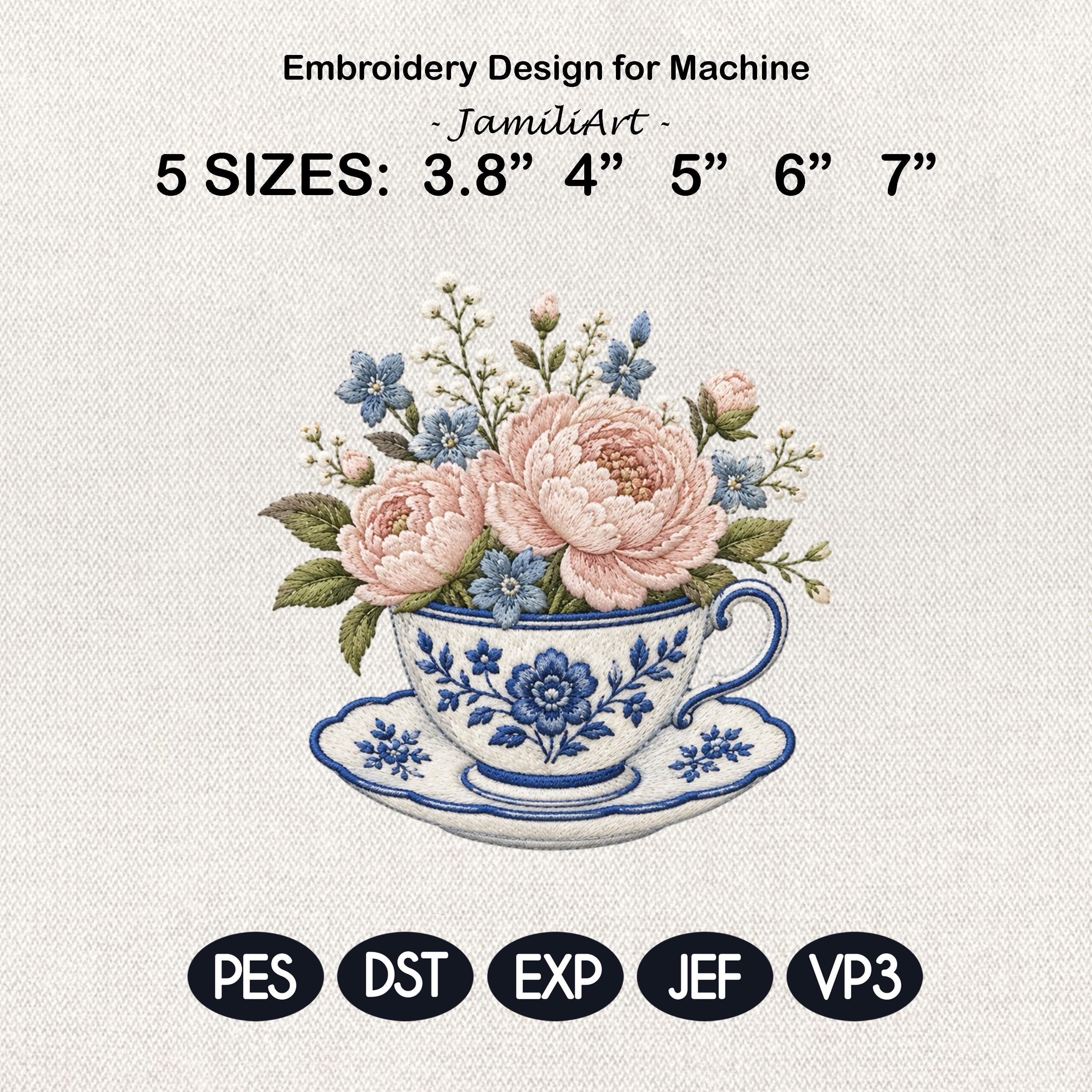 Pink Chinoiserie Teacup Embroidery Design, Floral Peony Tea Cup Machine Embroidery, Vintage Cottagecore File, 5 sizes, Digital Download