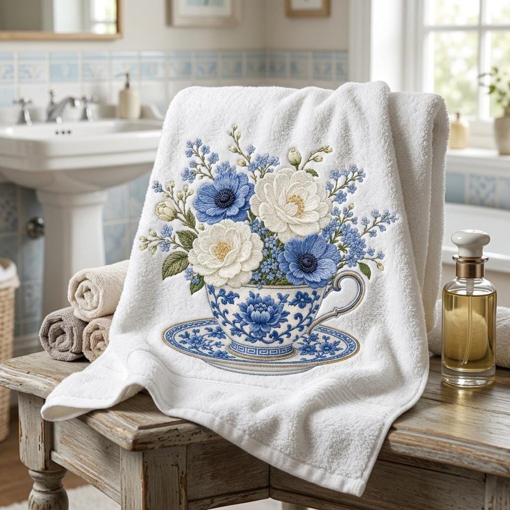 Blue Chinoiserie Teacup Embroidery Design, Hydrangea Flower Tea Cup Machine Embroidery, Vintage Botanical File, 5 sizes, Digital Download - image 3