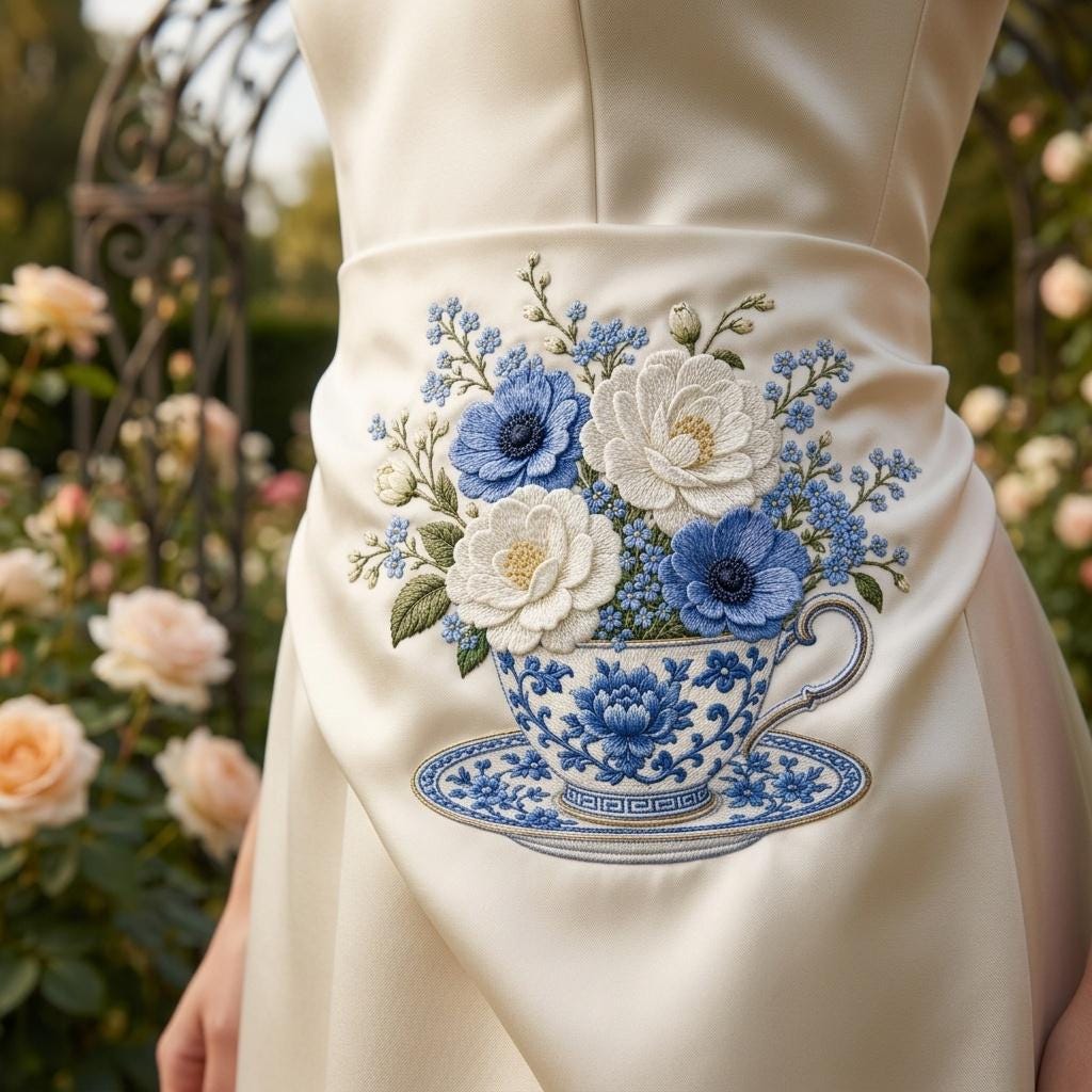 Blue Chinoiserie Teacup Embroidery Design, Hydrangea Flower Tea Cup Machine Embroidery, Vintage Botanical File, 5 sizes, Digital Download - image 6