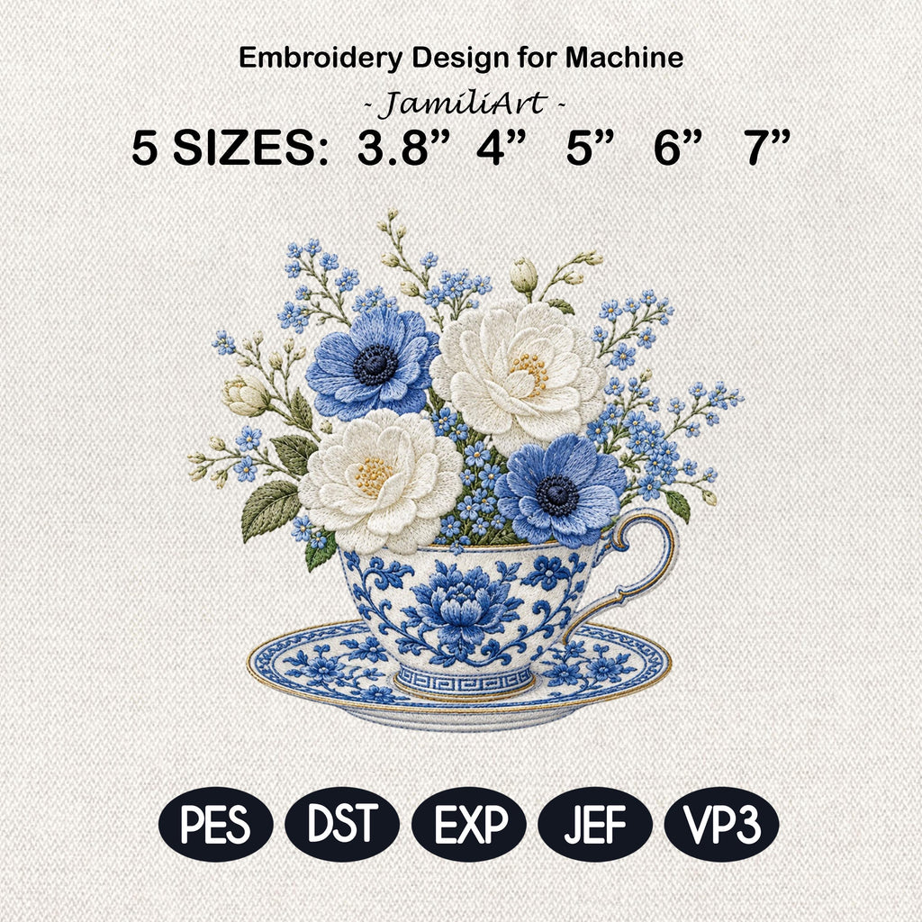 Blue Chinoiserie Teacup Embroidery Design, Hydrangea Flower Tea Cup Machine Embroidery, Vintage Botanical File, 5 sizes, Digital Download