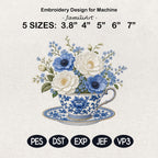 Blue Chinoiserie Teacup Embroidery Design, Hydrangea Flower Tea Cup Machine Embroidery, Vintage Botanical File, 5 sizes, Digital Download