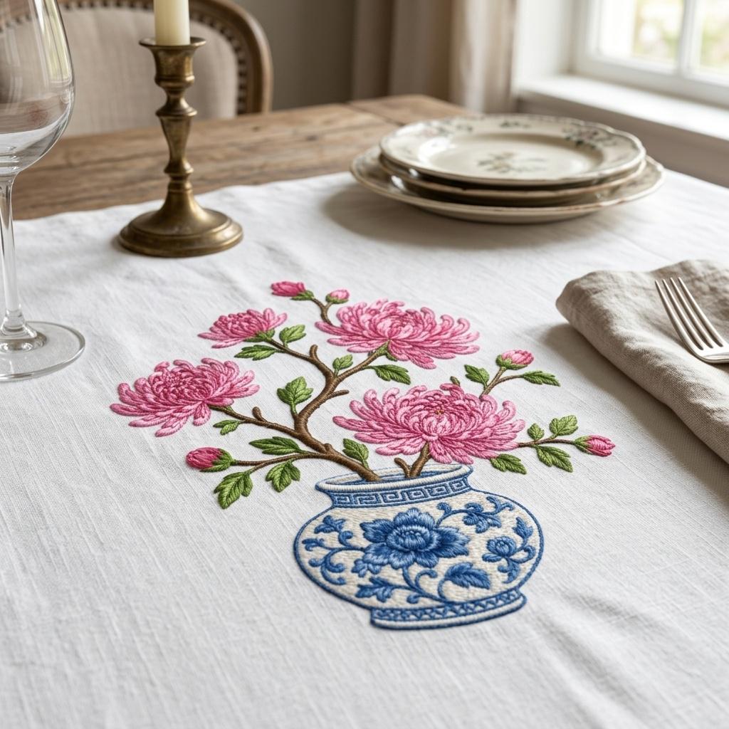 Pink Chrysanthemum Chinoiserie Vase Embroidery Design, Blue White Botanical Flower Machine File, 5 sizes, Digital Download - image 4