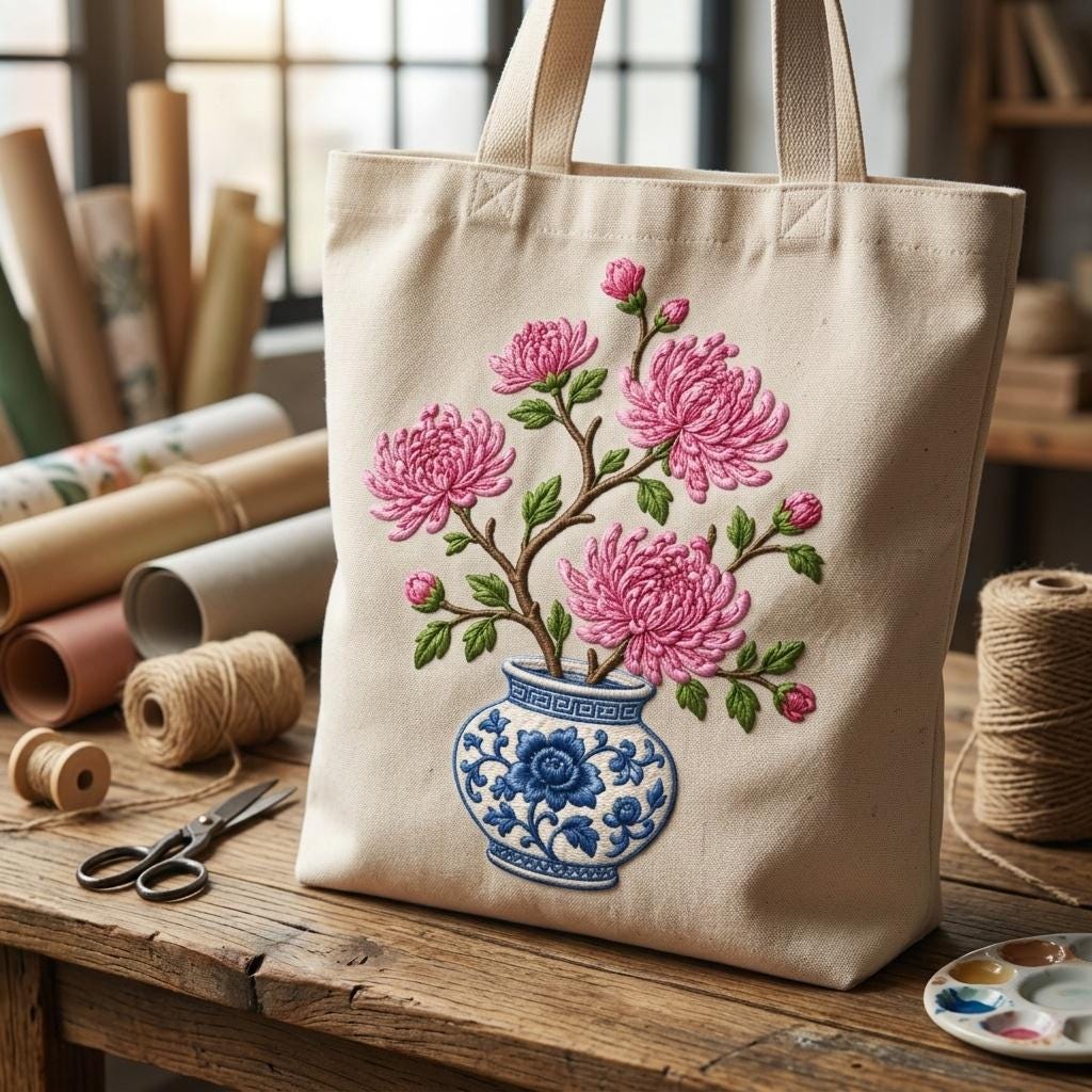 Pink Chrysanthemum Chinoiserie Vase Embroidery Design, Blue White Botanical Flower Machine File, 5 sizes, Digital Download - image 7