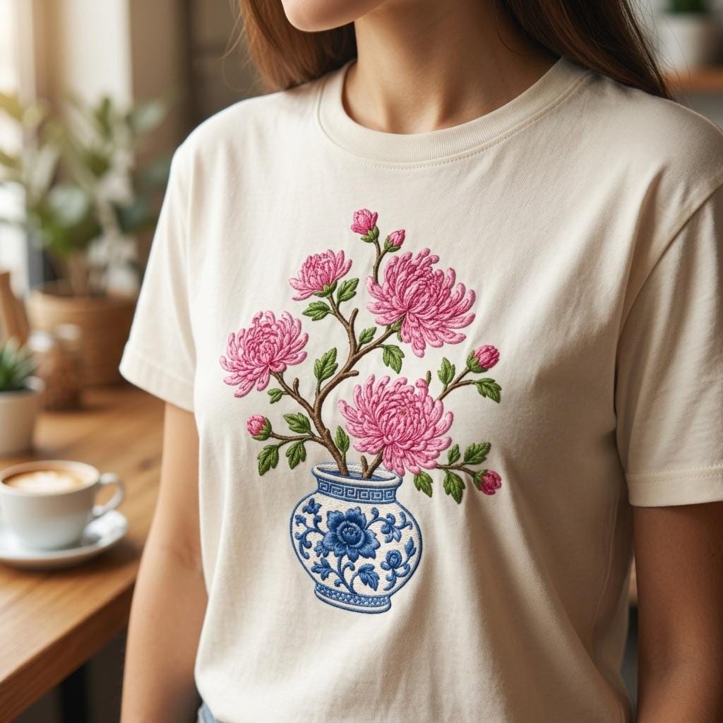 Pink Chrysanthemum Chinoiserie Vase Embroidery Design, Blue White Botanical Flower Machine File, 5 sizes, Digital Download - image 3