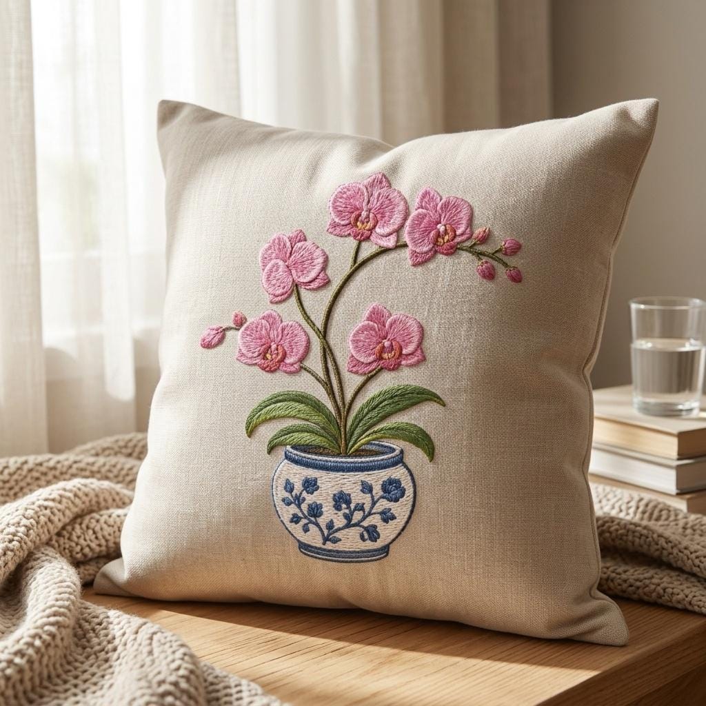 Pink Orchid Chinoiserie Pot Embroidery Design, Blue White Flower Planter Machine Embroidery File, 5 sizes, Digital Download - image 6