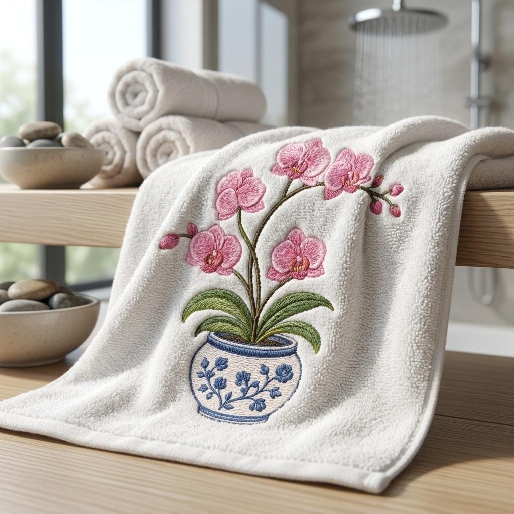 Pink Orchid Chinoiserie Pot Embroidery Design, Blue White Flower Planter Machine Embroidery File, 5 sizes, Digital Download - image 5