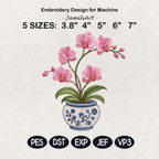 Pink Orchid Chinoiserie Pot Embroidery Design, Blue White Flower Planter Machine Embroidery File, 5 sizes, Digital Download