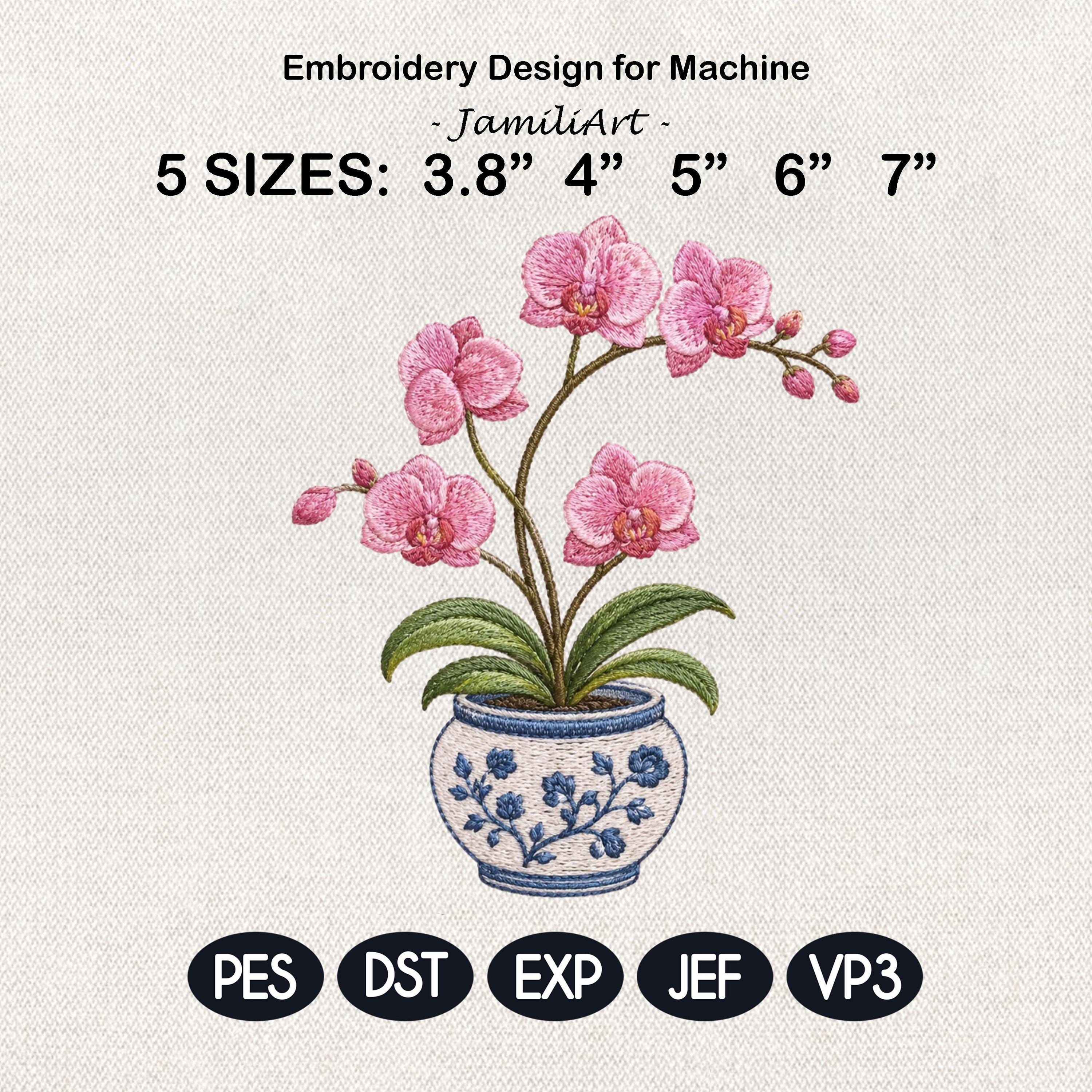 Pink Orchid Chinoiserie Pot Embroidery Design, Blue White Flower Planter Machine Embroidery File, 5 sizes, Digital Download