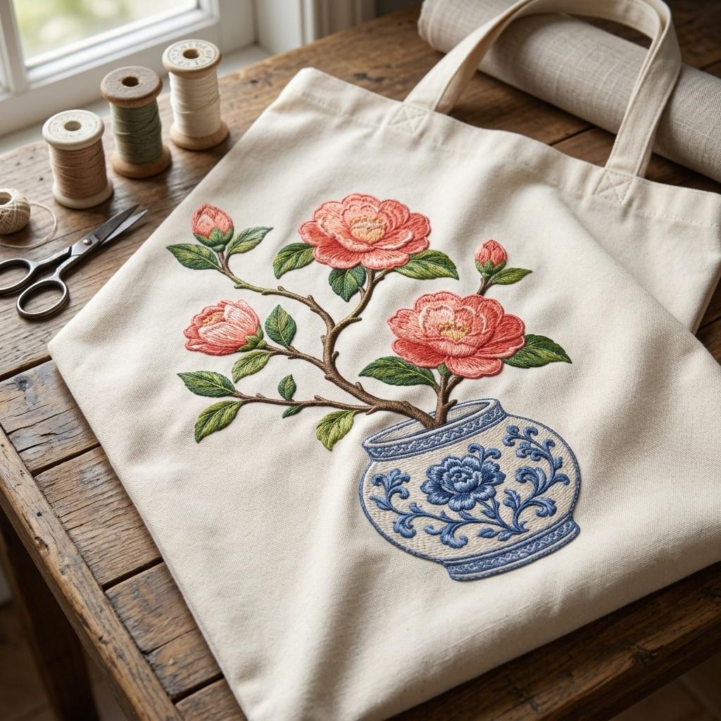 Coral Camellia Chinoiserie Vase Embroidery Design, Blue White Botanical Floral Machine File, 5 sizes, Digital Download - image 7