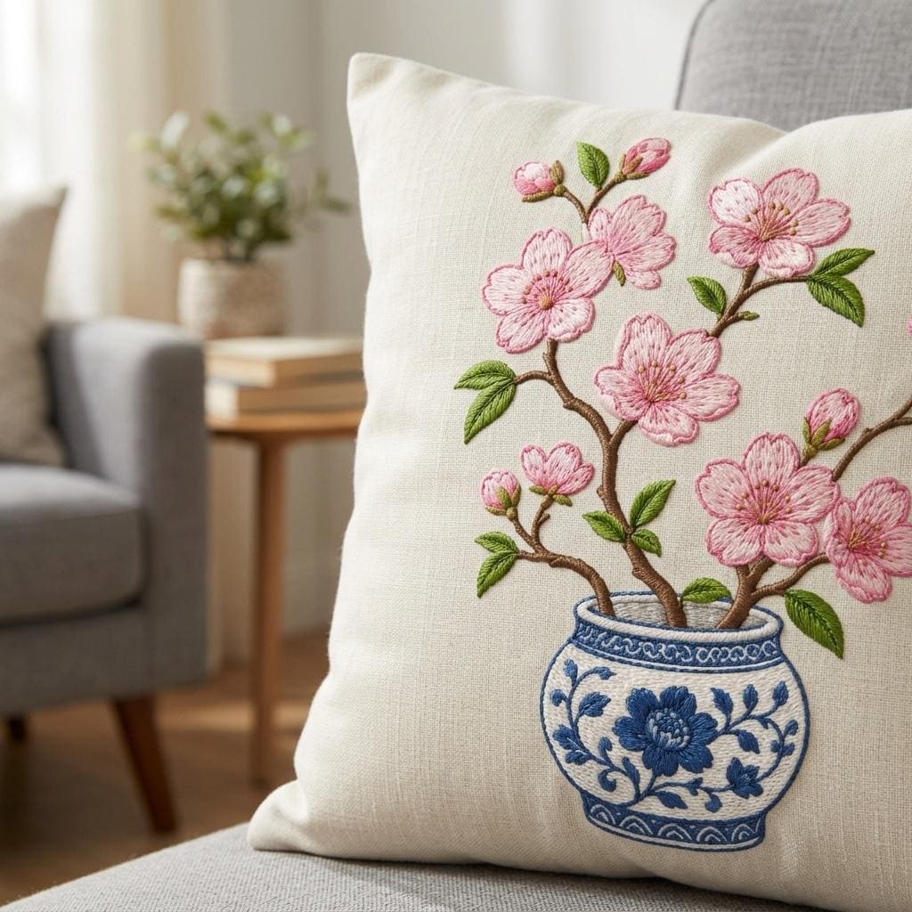 Pink Cherry Blossom Chinoiserie Vase Embroidery Design, Blue White Floral Tree Machine File, 5 sizes, Digital Download - image 6