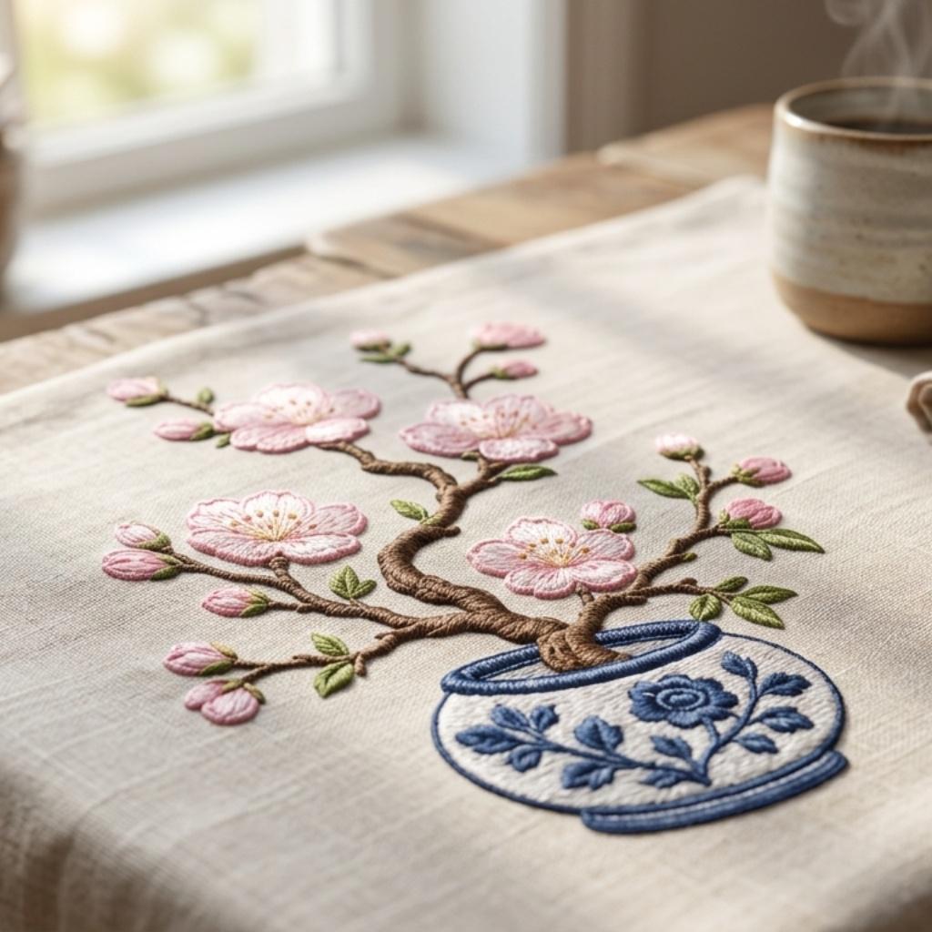 Sakura Blossom Chinoiserie Vase Embroidery Design, Pink Floral Branch Blue White Pottery File, 5 sizes, Digital Download - image 4