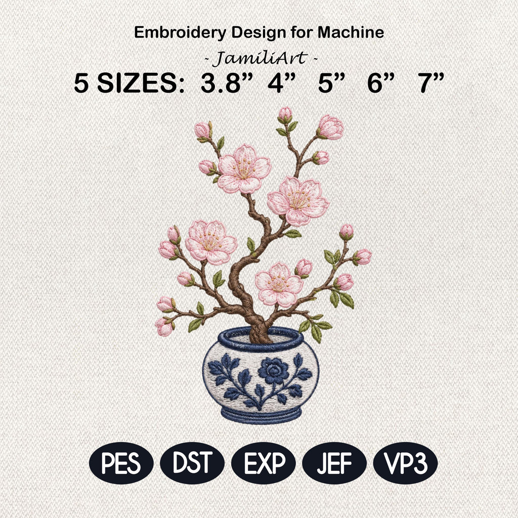Sakura Blossom Chinoiserie Vase Embroidery Design, Pink Floral Branch Blue White Pottery File, 5 sizes, Digital Download
