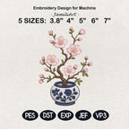 Sakura Blossom Chinoiserie Vase Embroidery Design, Pink Floral Branch Blue White Pottery File, 5 sizes, Digital Download