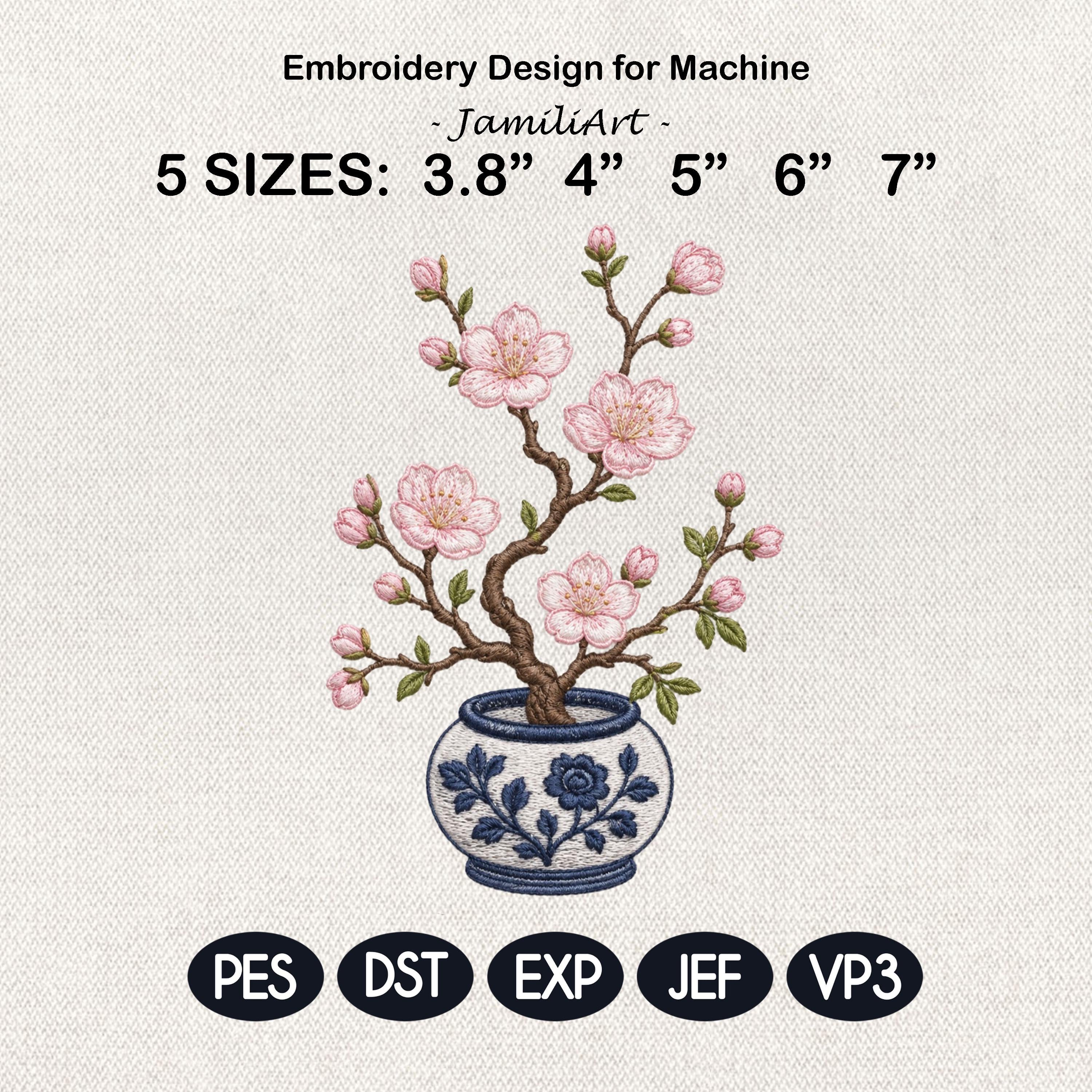 Sakura Blossom Chinoiserie Vase Embroidery Design, Pink Floral Branch Blue White Pottery File, 5 sizes, Digital Download