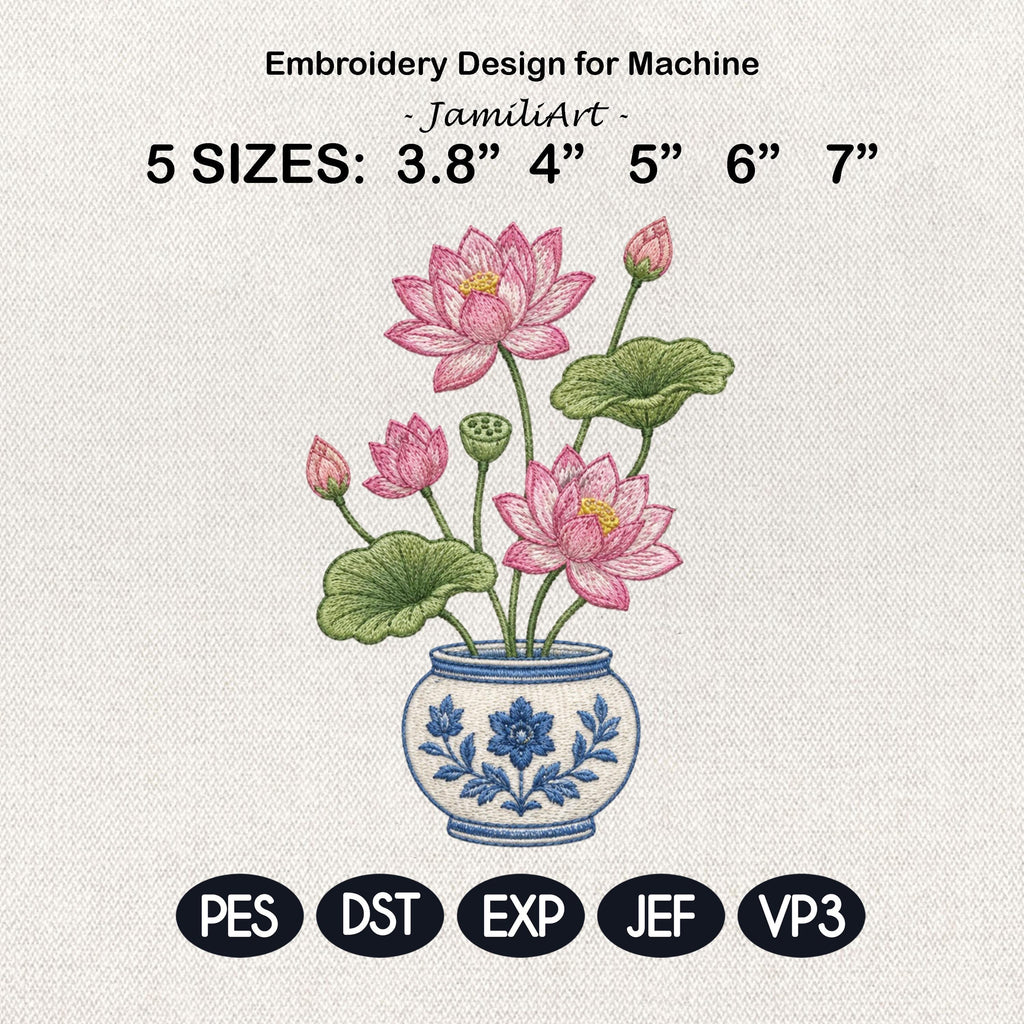 Pink Lotus Chinoiserie Vase Embroidery Design, Blue White Botanical Flower Machine Embroidery File, 5 sizes, Digital Download
