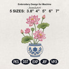 Pink Lotus Chinoiserie Vase Embroidery Design, Blue White Botanical Flower Machine Embroidery File, 5 sizes, Digital Download